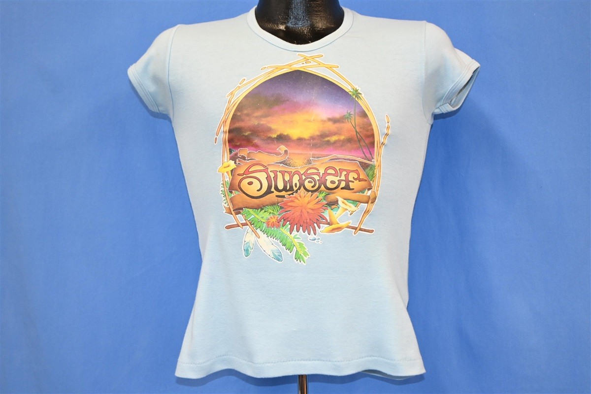 vtg 70s SUNSET ROACH IRON-ON PALM TREES BEACH FLORAL BLUE WOMEN’S t-shirt XS