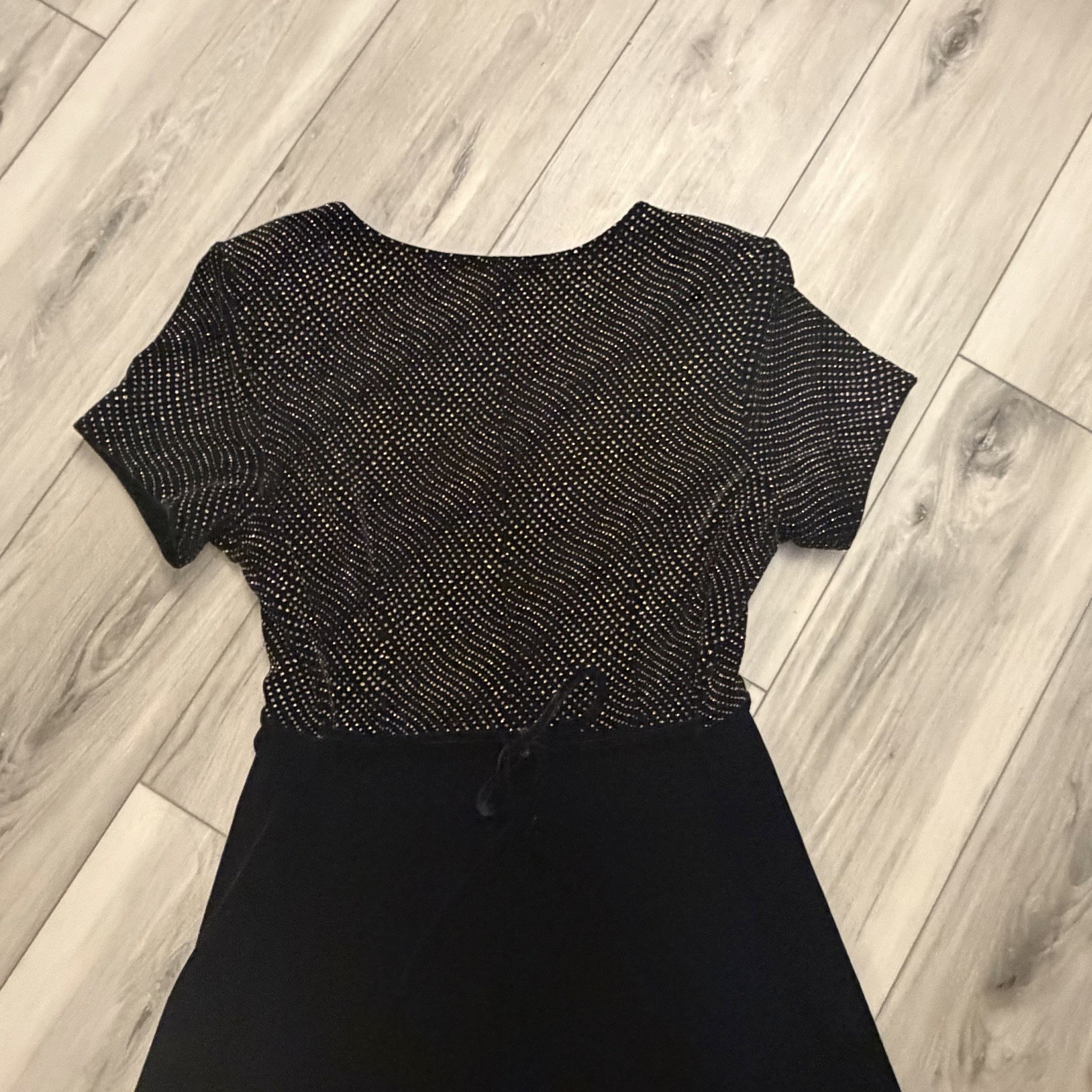 Vintage Another Thyme Black Velvet Maxi Dress Size 14 Gold Glitter Dots Tie Back