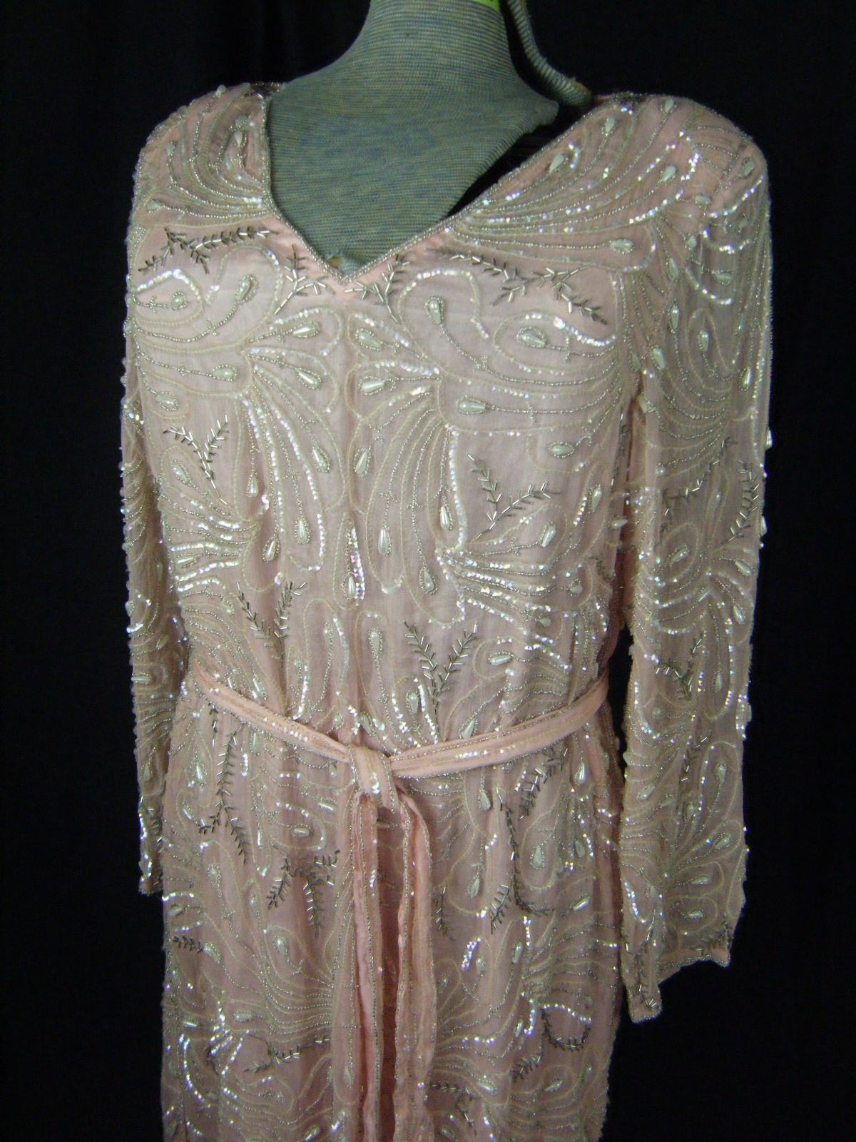 STAR LIGHT CITY Vtg 80s Pink Heavy Peacock Pearl Beaded Silk Dress-Bust 40/M