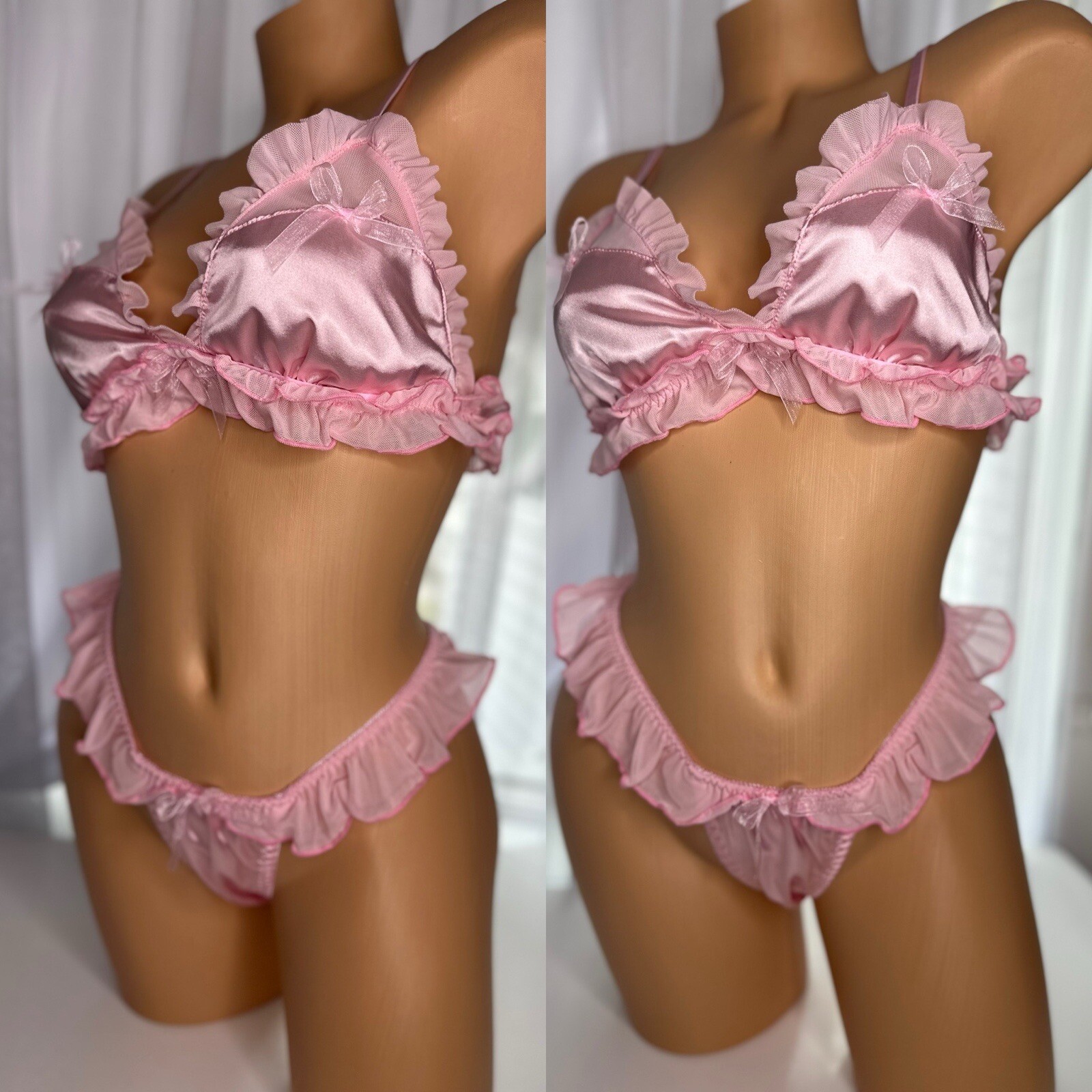 Large 7 L Shiny Satin Bralette Thong Panty Chiffon Ruffles Coquette Vtg Bra Set