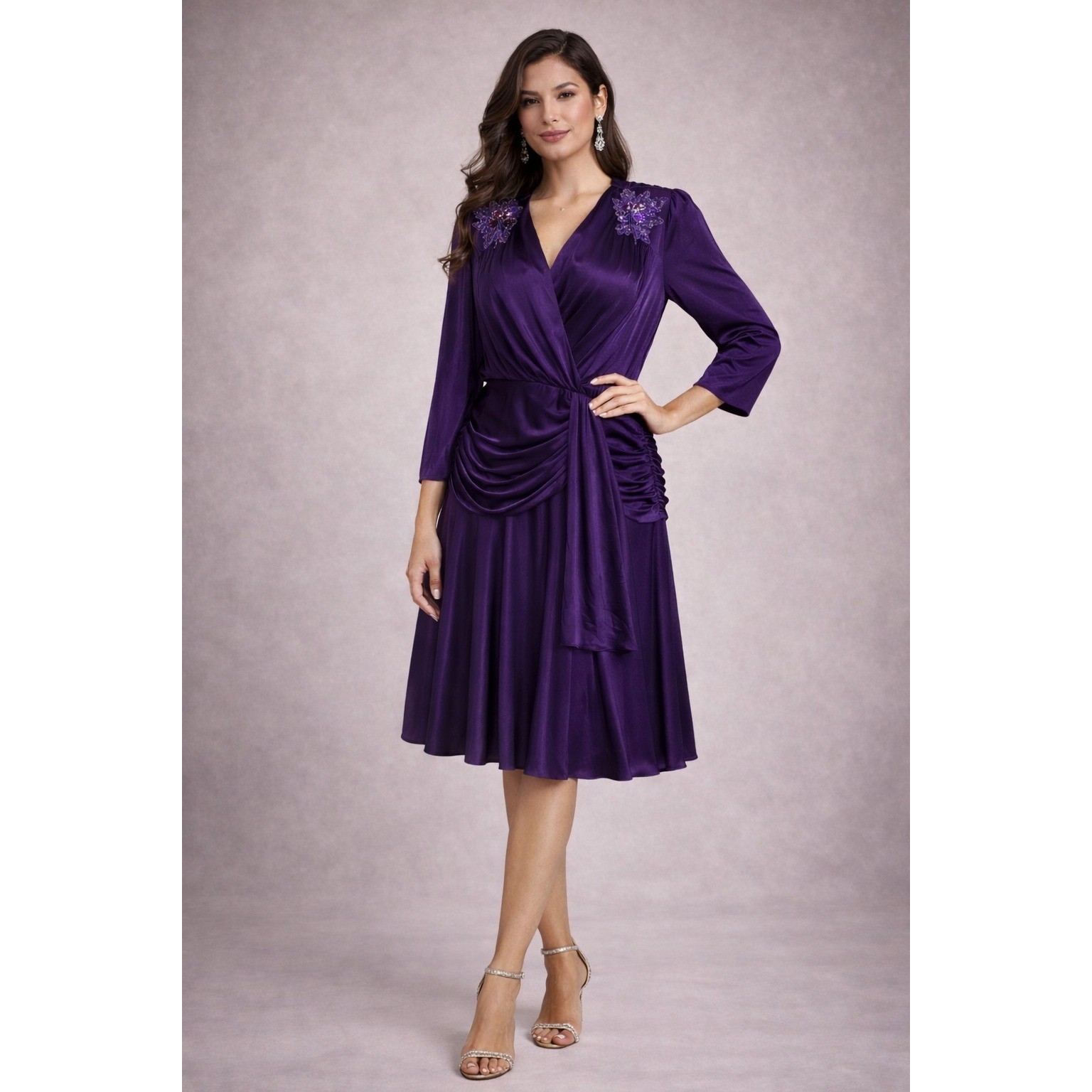 Abby Kent Vintage 80s Purple Beaded Sequin Ruched Dress SZ 14 USA Whimsical Glam