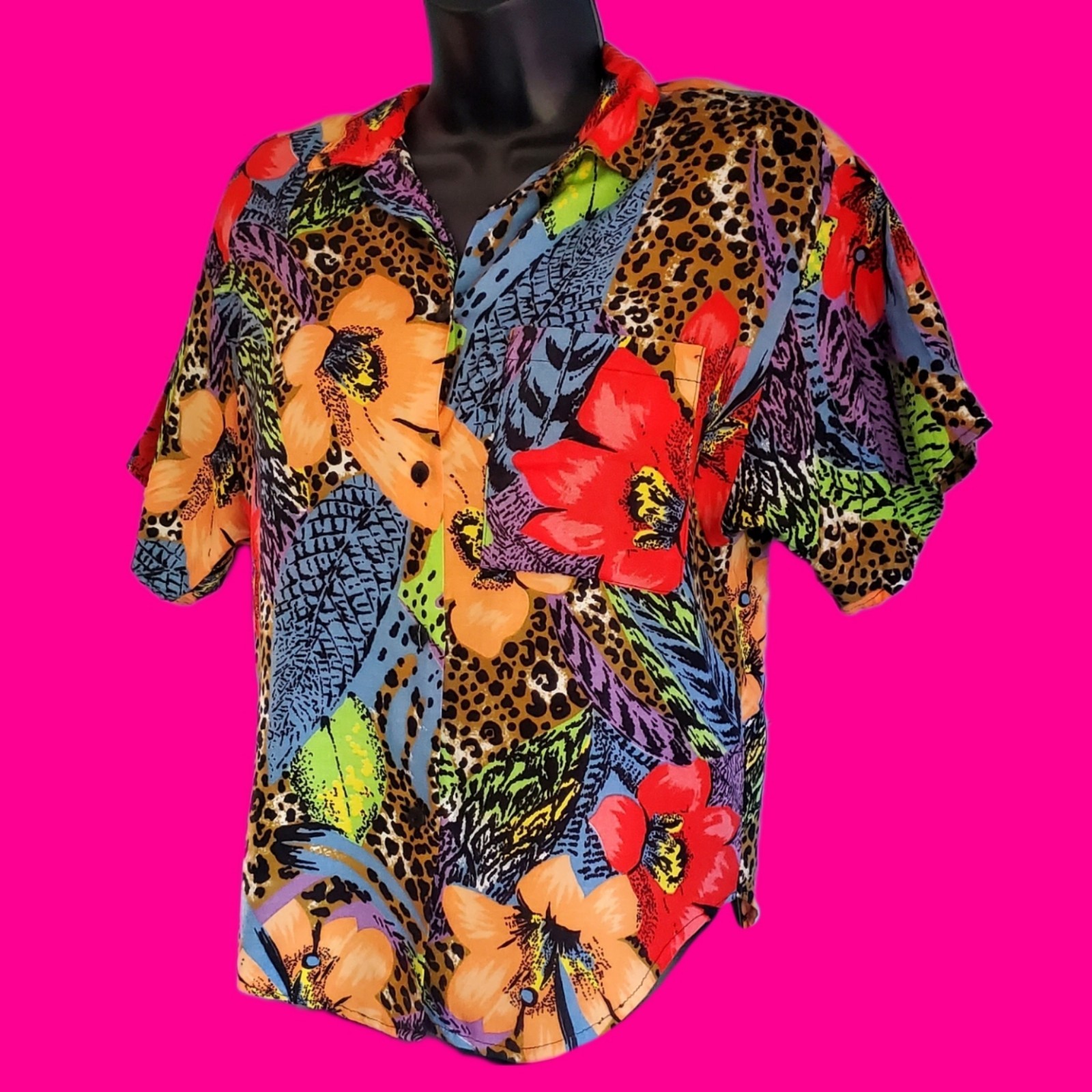 VINTAGE 80’s C.H. SPORT Hawaiian Shirt Button Blouse Animal Print Funky Tropical