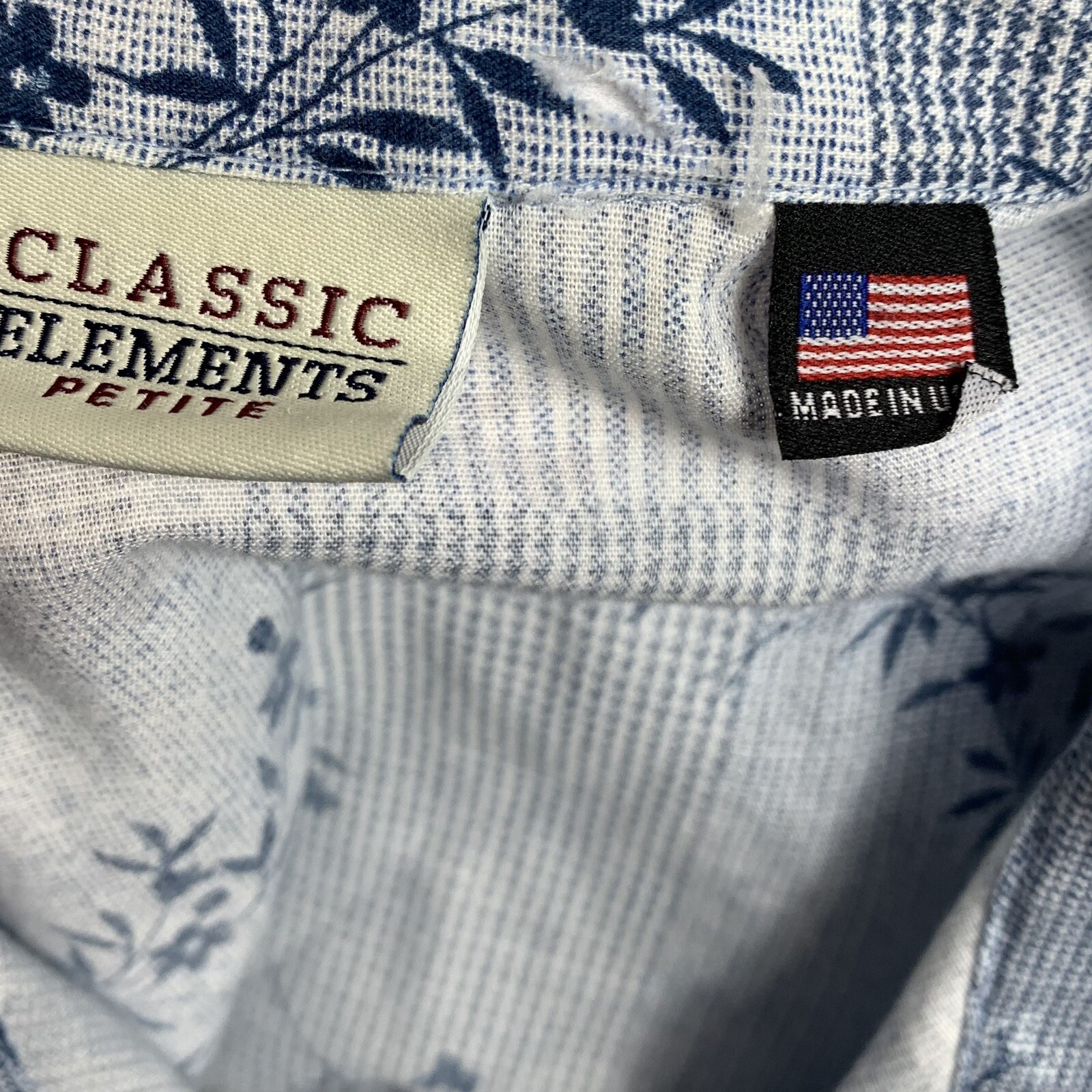 Vintage Sz Petite Large Shirt Button Up Blue White Floral Check Classic Elements