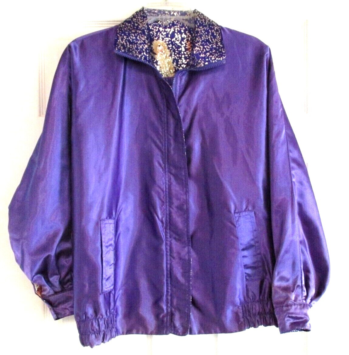 Vintage Purple Satin Jacket Womens Silver Floral Olympic Seoul one size 1980s