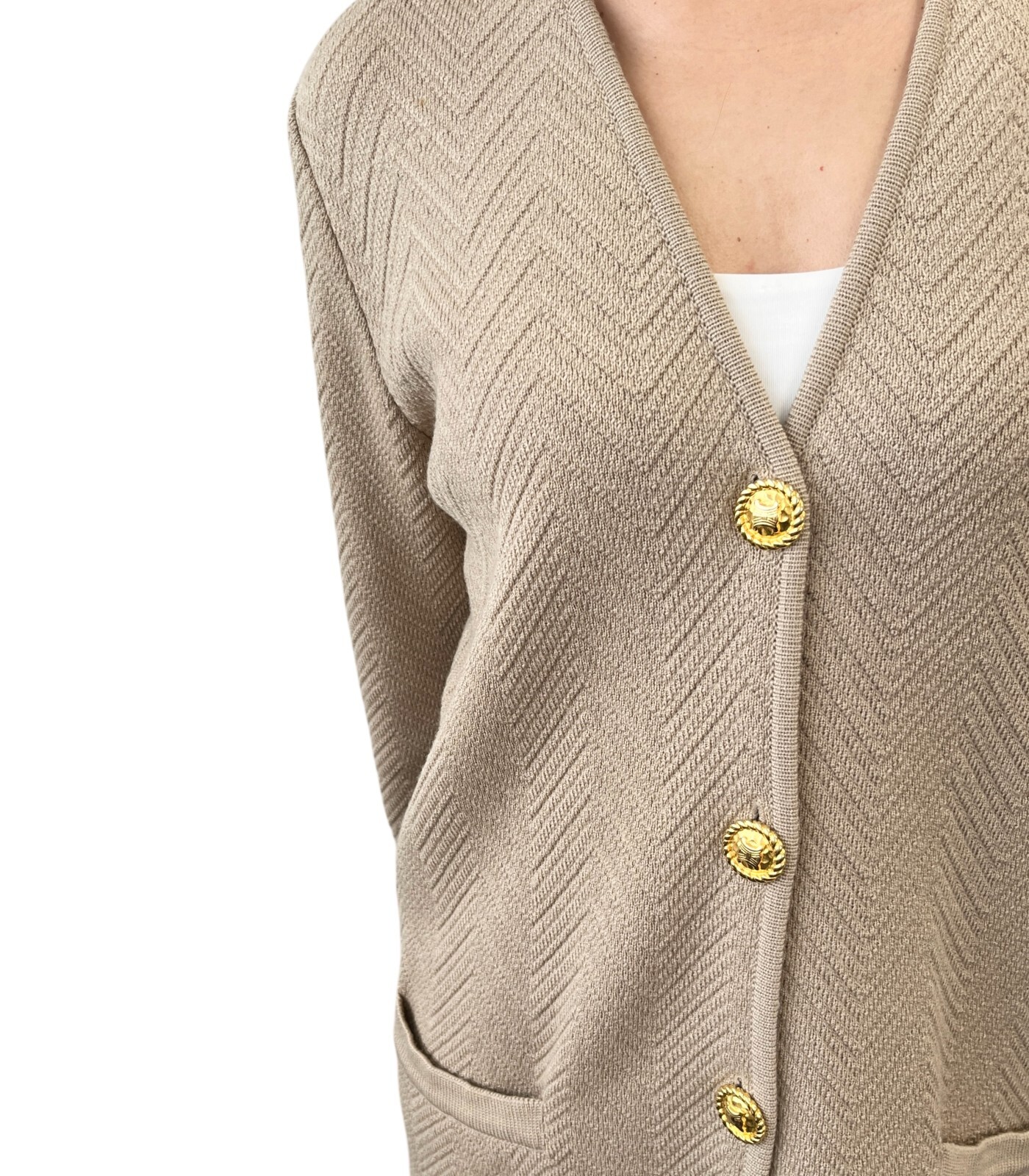 CELINE Vintage Macadam Logo Rib Knit Cardigan #38 Button Light Brown Gold Wool
