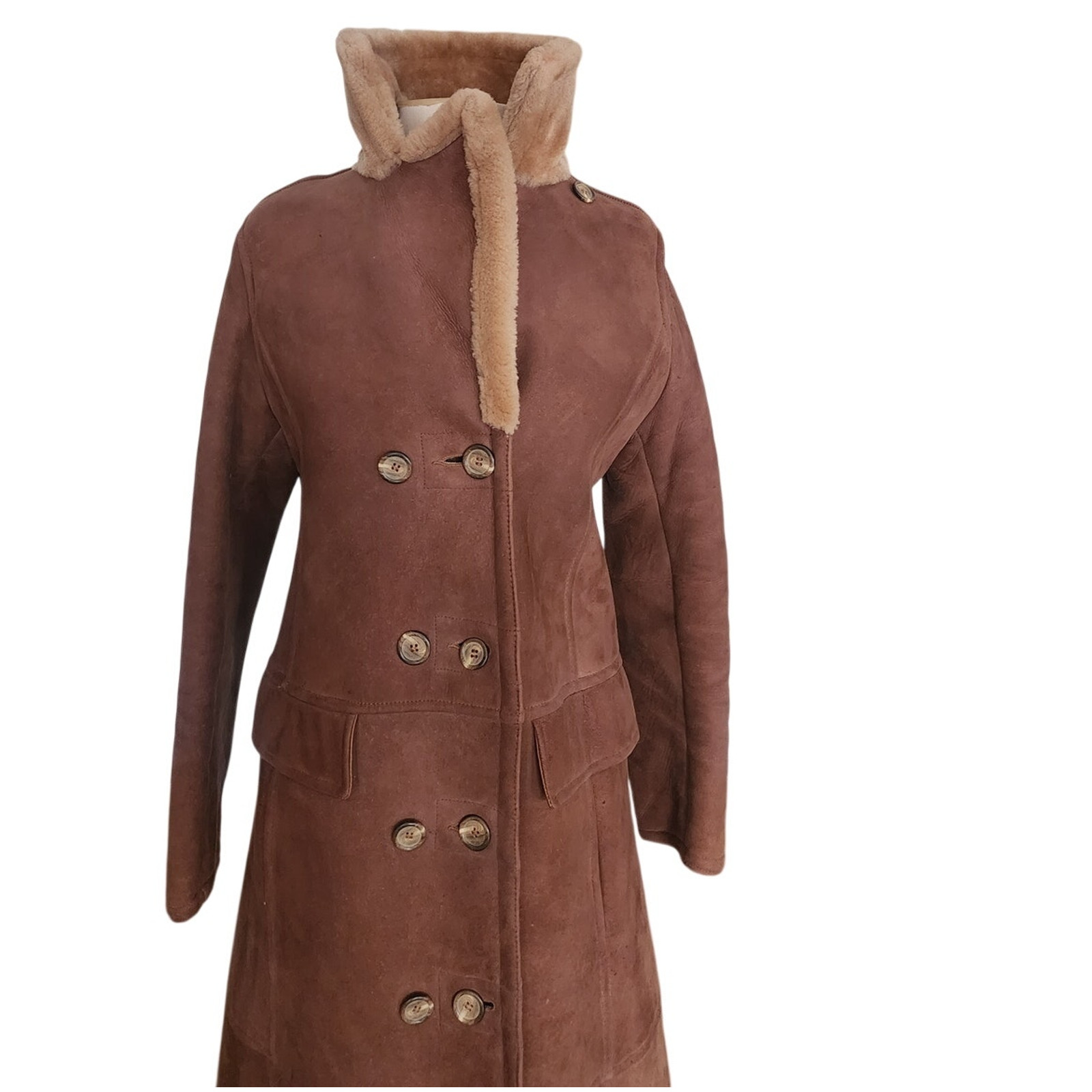 Vintage 1970s Shearling Coat Brown Suede Long Parka Double Breasted