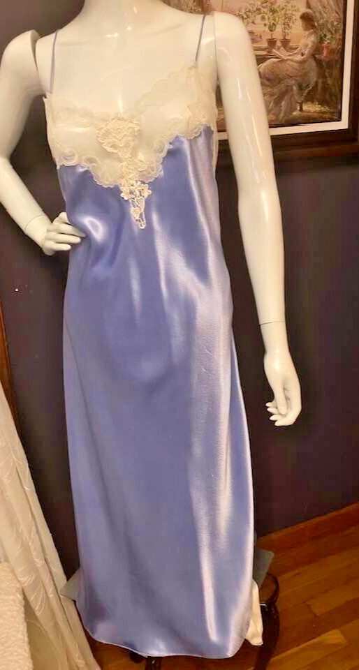 California Dynasty Womens Nightgown Maxi Full Length Blue Satin Lace Vintage