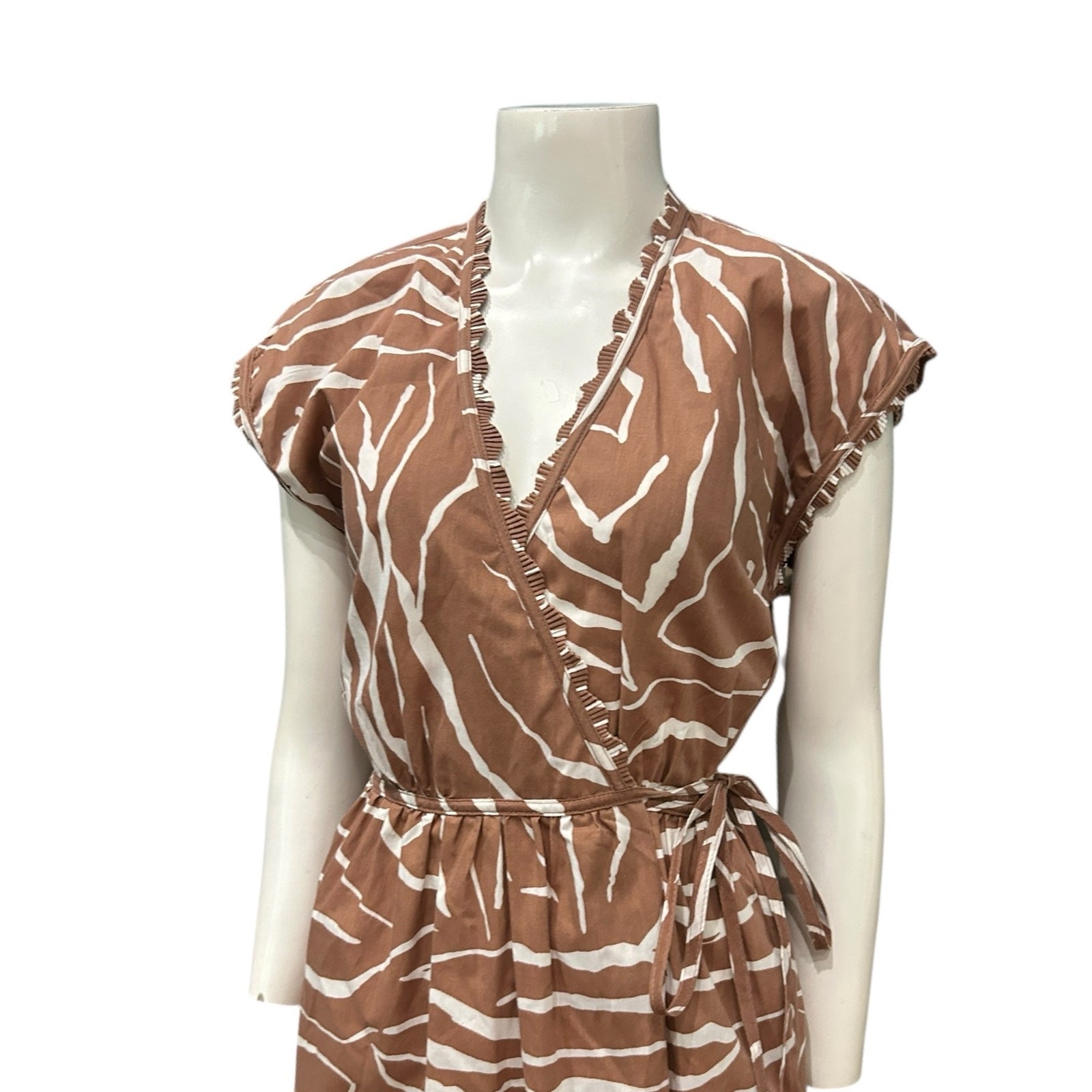 Vintage 1970s Bill Tice Zebra Print Wrap Dress Brown White XS Tie Waist ^