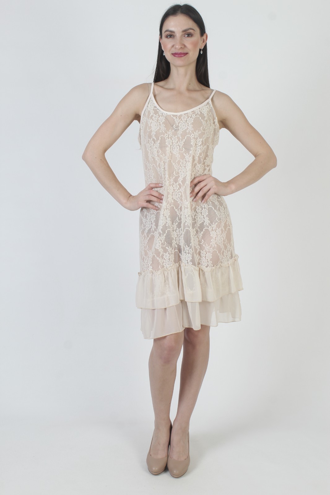 Vtg Victorian Lace Dress Cream Sheer Edwardian Antique See Through Midi Slip