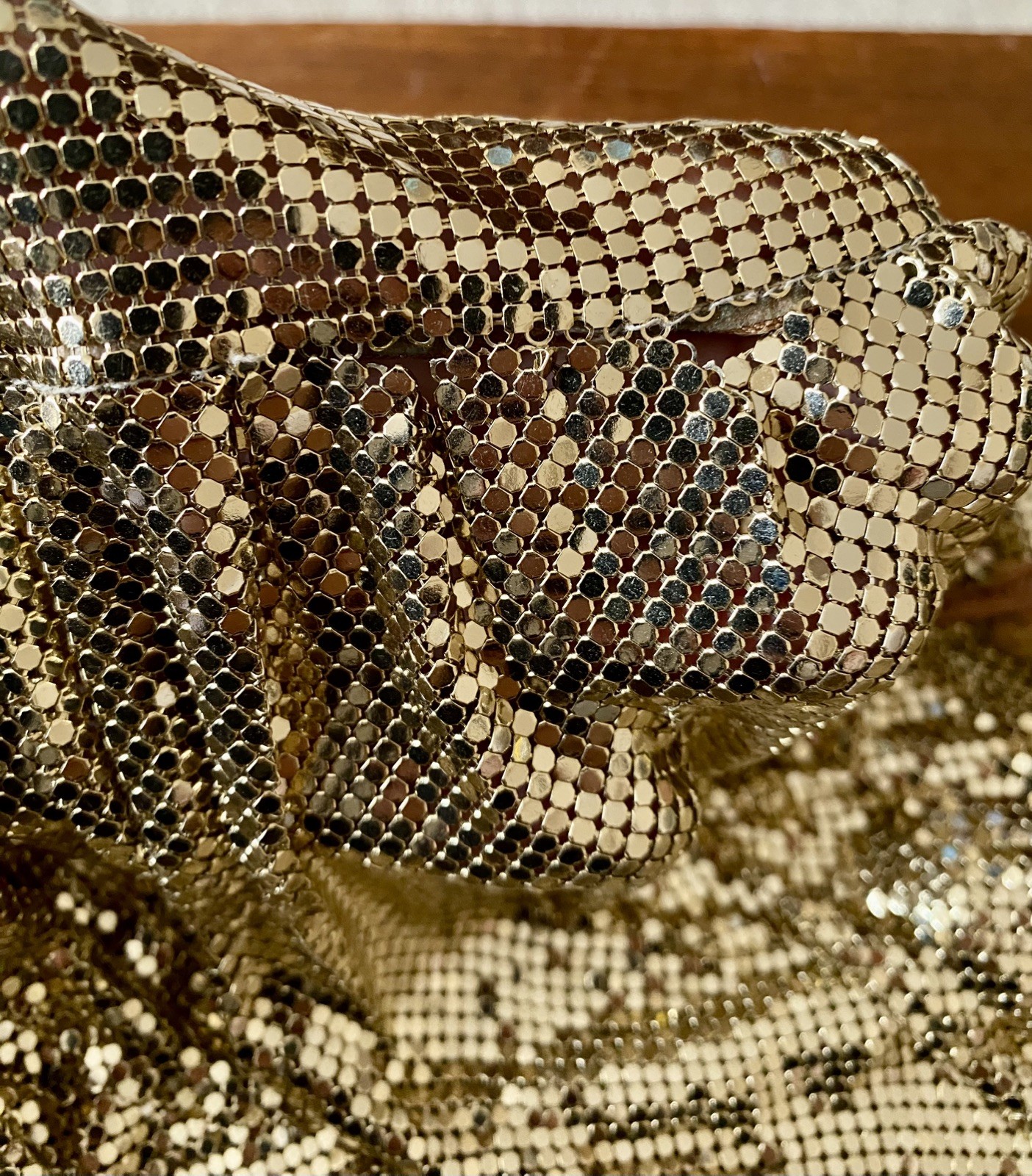 Vtg Whiting Davis Liquid Gold Metal Mesh Chain Mail Draped Front Top 70s Disco M