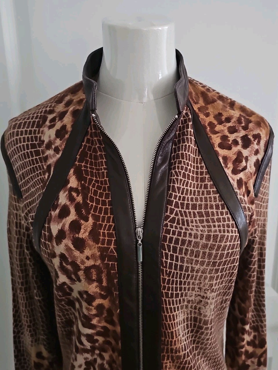 Vtg Y2K Mix Media Snake Leopard Print Mock Neck Faux Leather Panels Zip Sweater