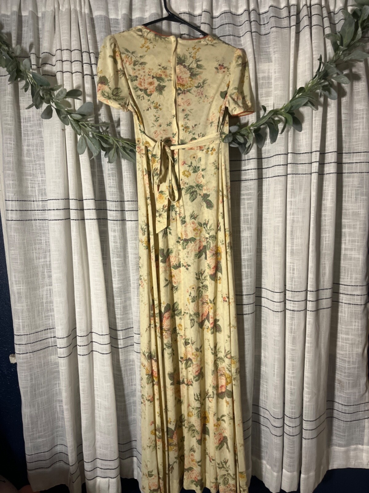 Vtg Kristie Lou California Juniors Cottage Prairie Dress Green Floral 70s Tie