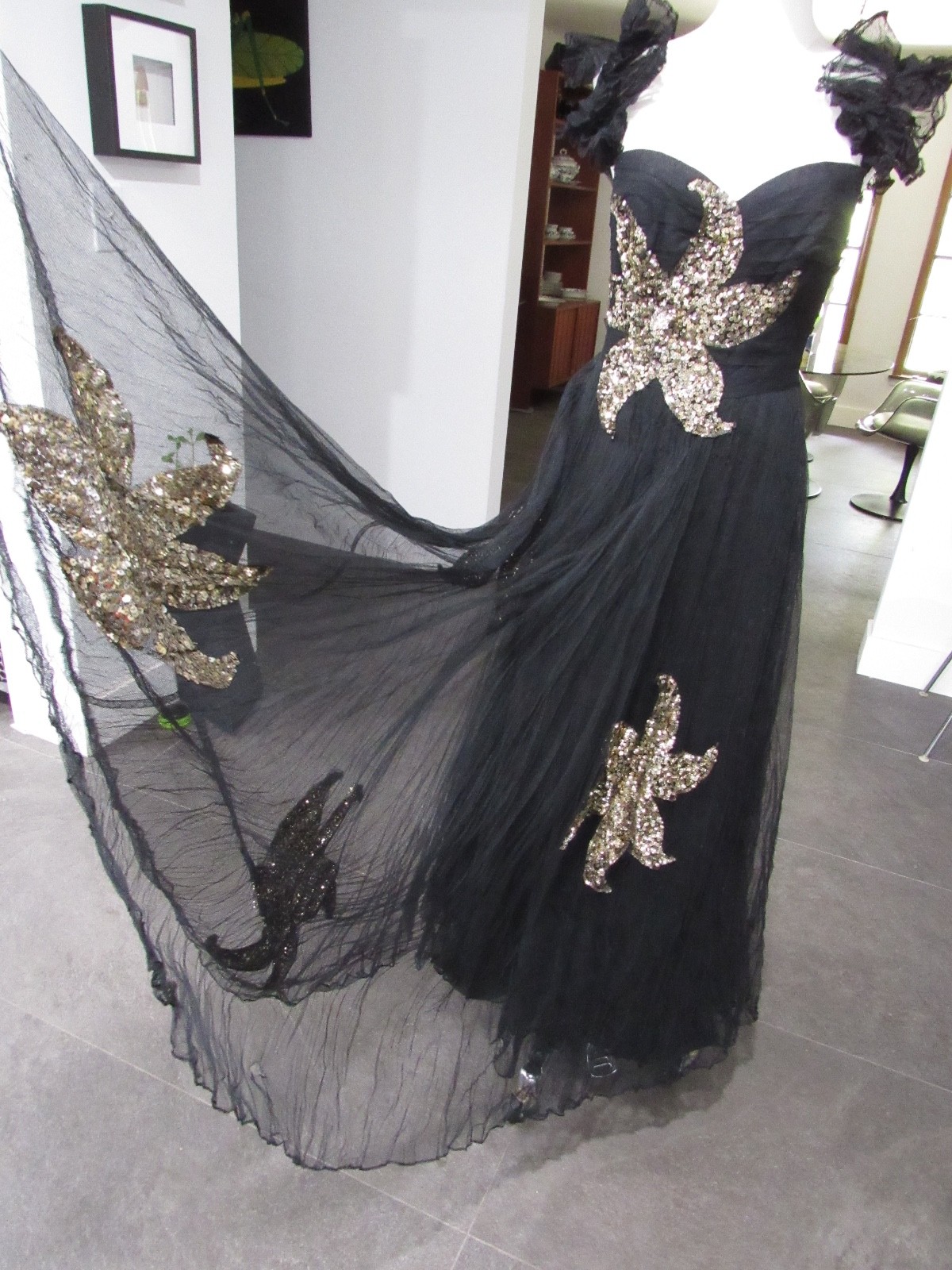 W@W VTG COUTURE 30s 40s formal dress tulle sequins black gold maxi goth witchy M
