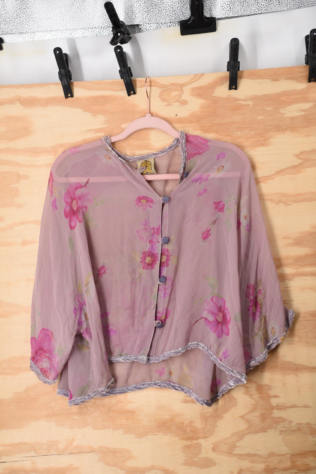 Vintage URU Kristine St Rrik Silk Floral Chiffon Velvet Trim RARE! Button Shirt