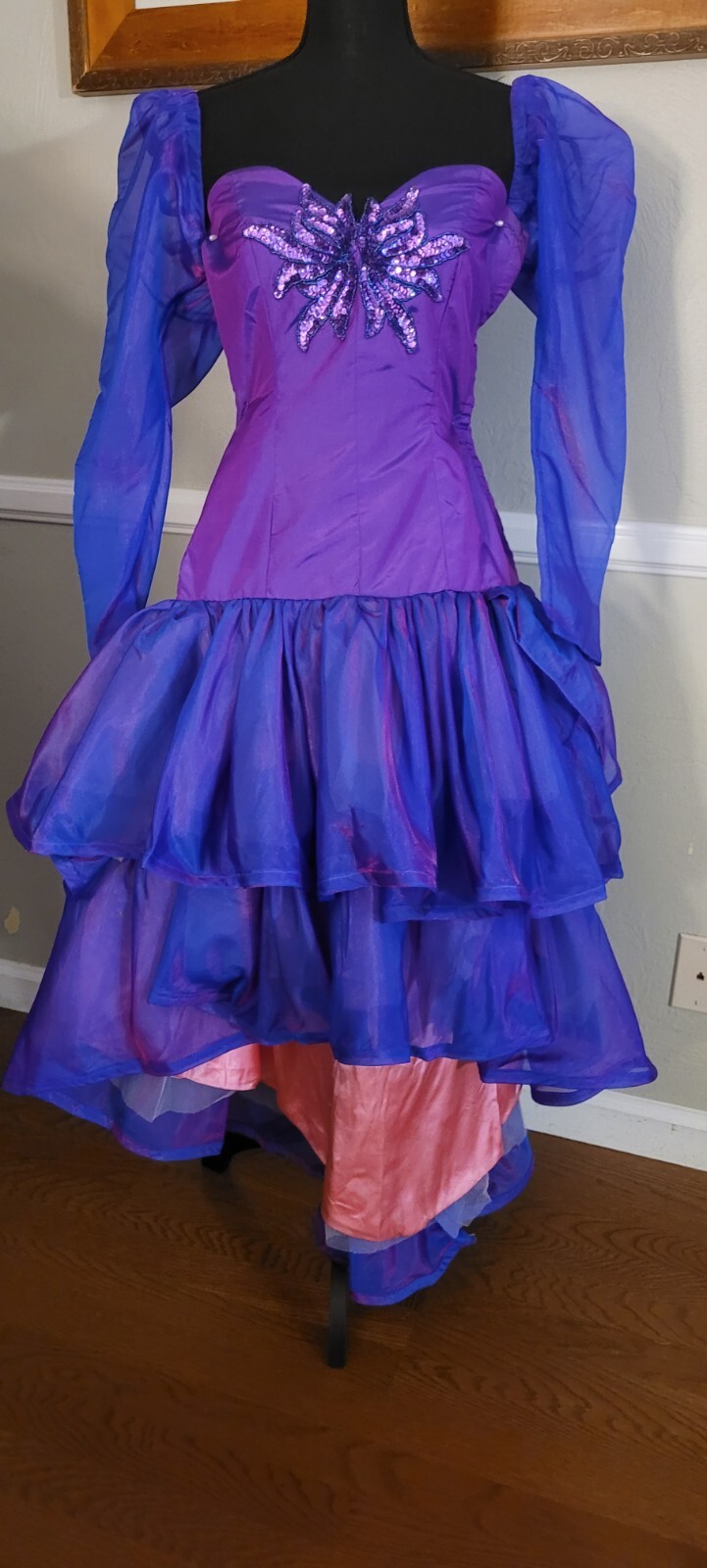 Vintage 1980s Fashions By Eartha Purple High Low Dress With Sequined Appliqué