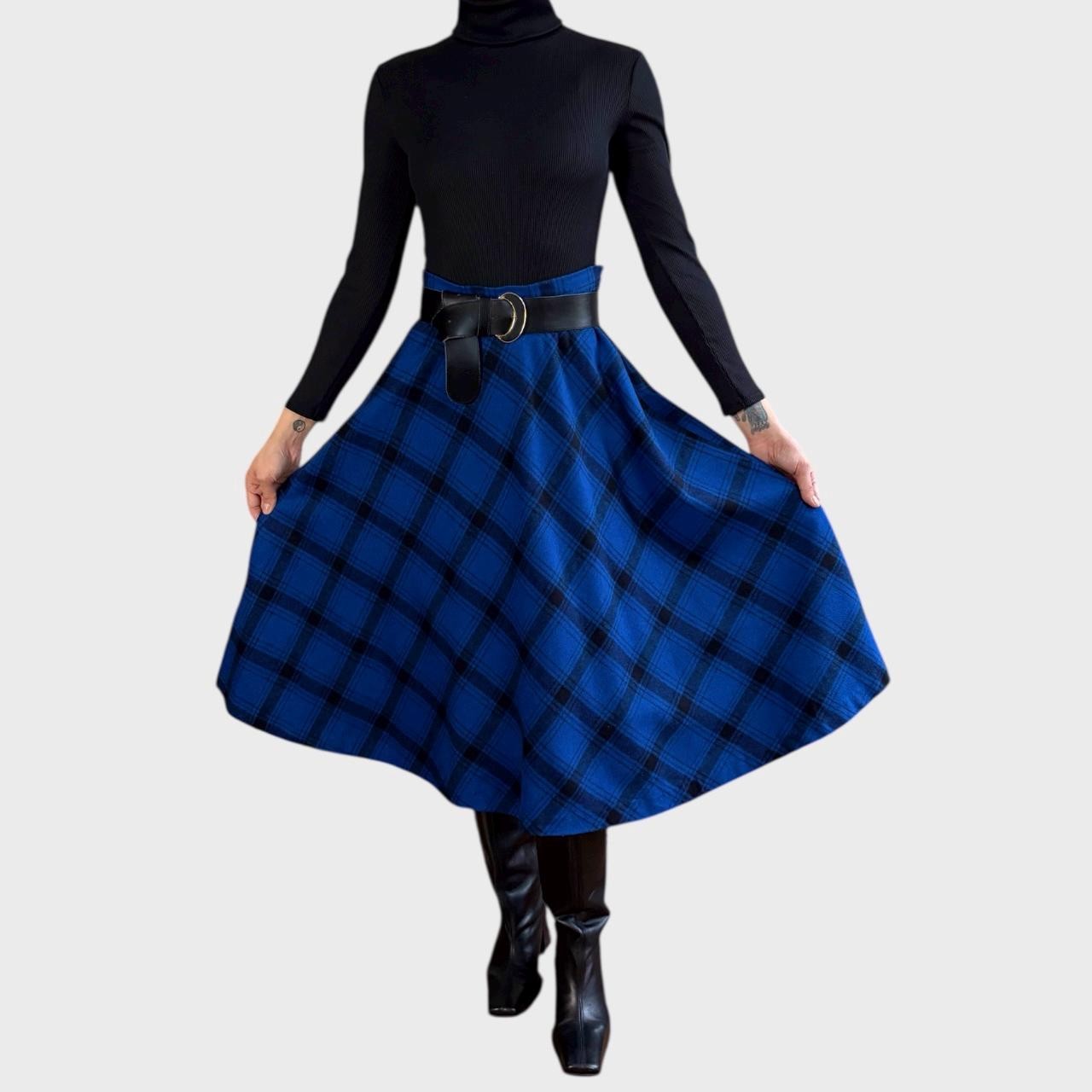 Vintage 90s Blue Plaid Wool Blend Midi Skirt | High Waist A-Line size US8/ EU40