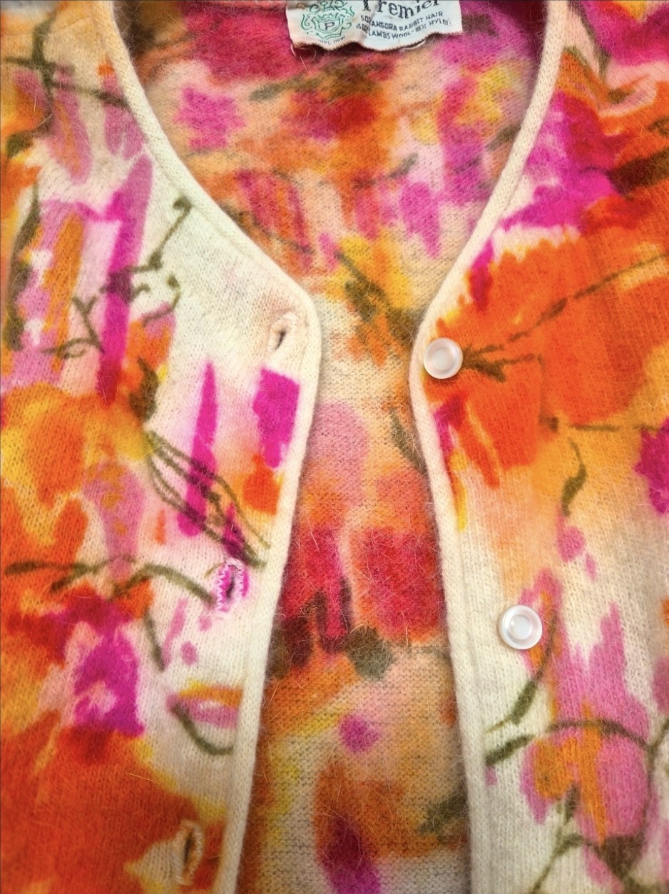 Vintage Premier Angora & Lambswool Floral Cardigan 1950s–1960s Soft Fuzzy Knit