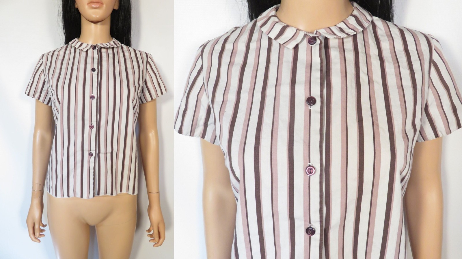 Vintage 60s Brown Striped Tailored Blouse Size M/L