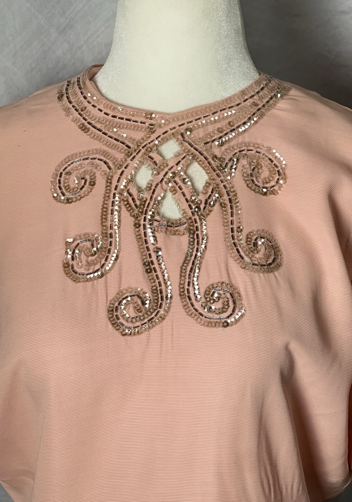 Vintage 1940s Pink Textured Rayon Peplum Sequin Blouse Pencil Skirt Set S/M