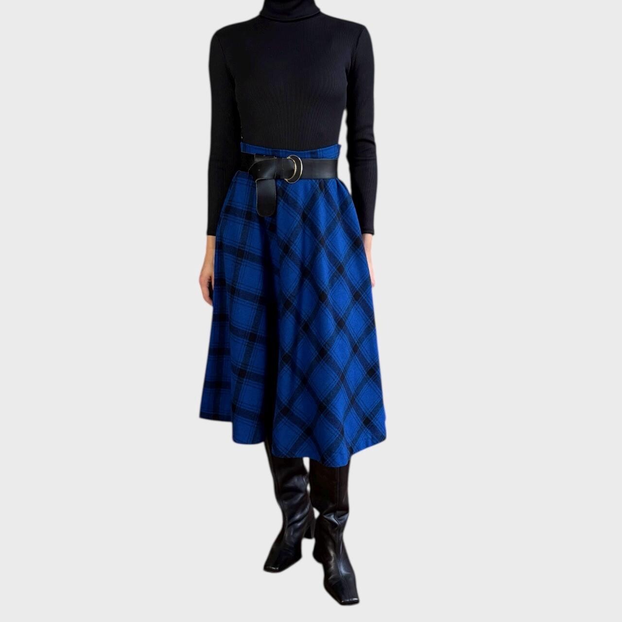 Vintage 90s Blue Plaid Wool Blend Midi Skirt | High Waist A-Line size US8/ EU40