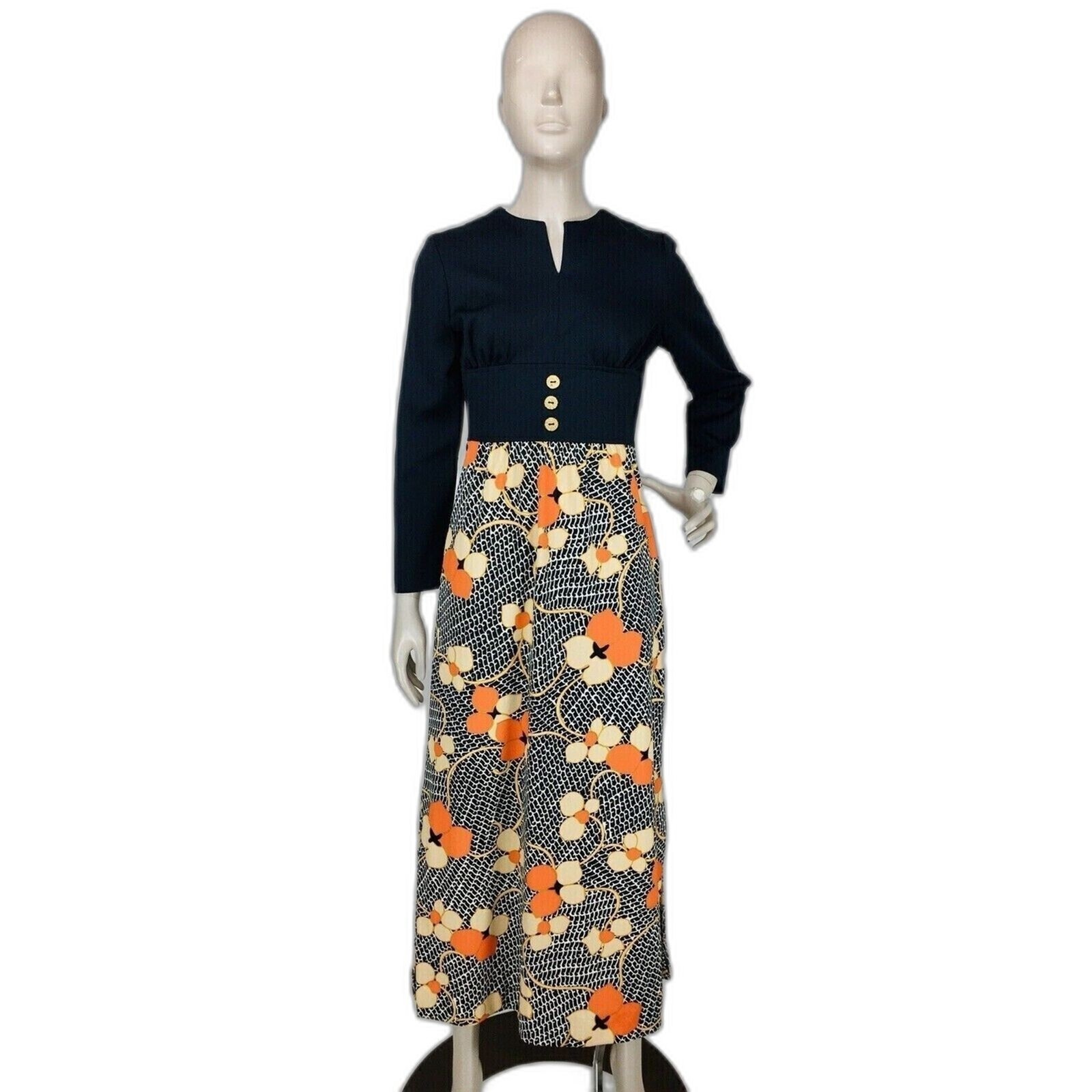 Vintage 70s MOD Floral Cinched Empire Waist Double-Knit Textured Maxi Dress NEW