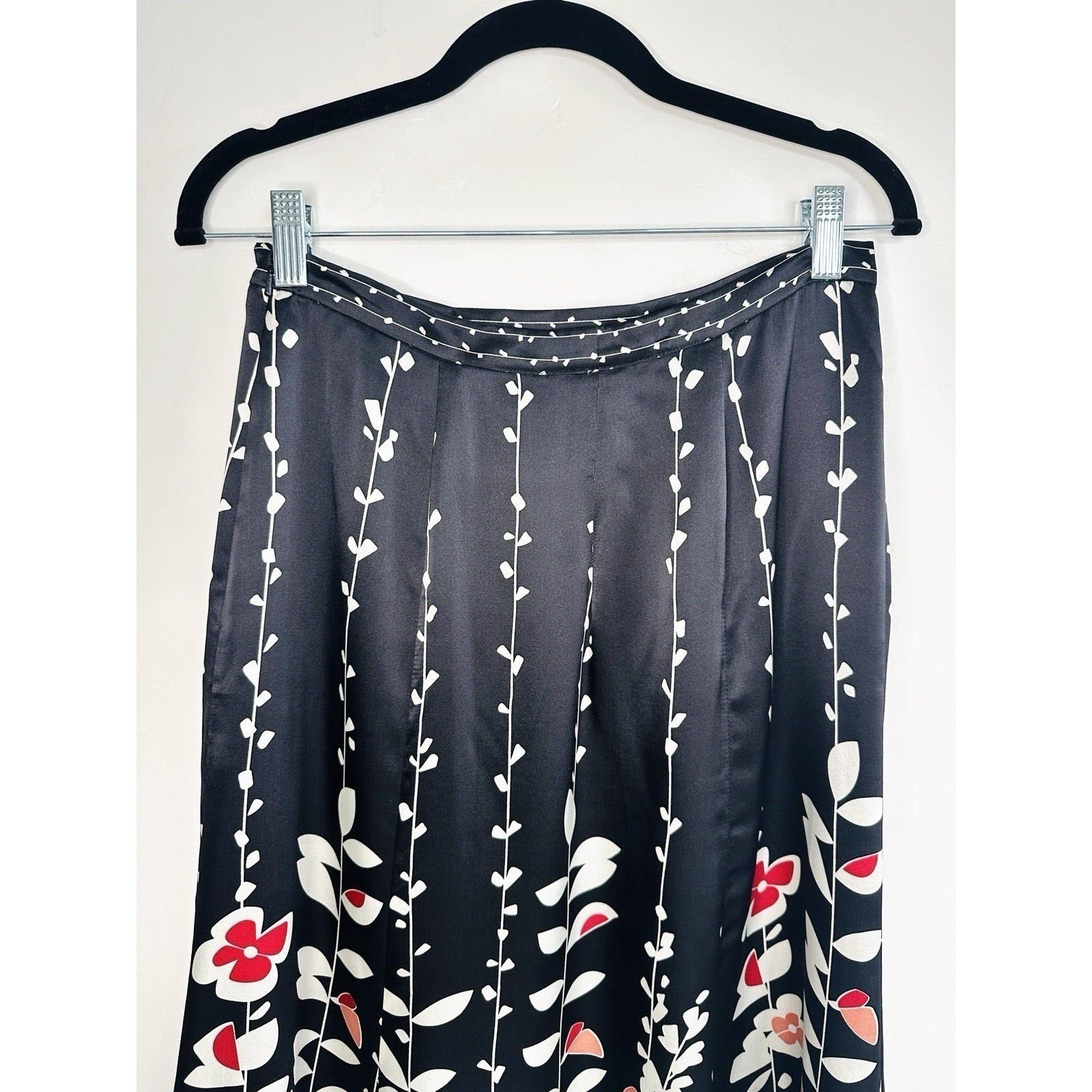 VTG Talbots 100% Pure Silk Floral Midi Skirt Size 6 Black Pink White Botanical