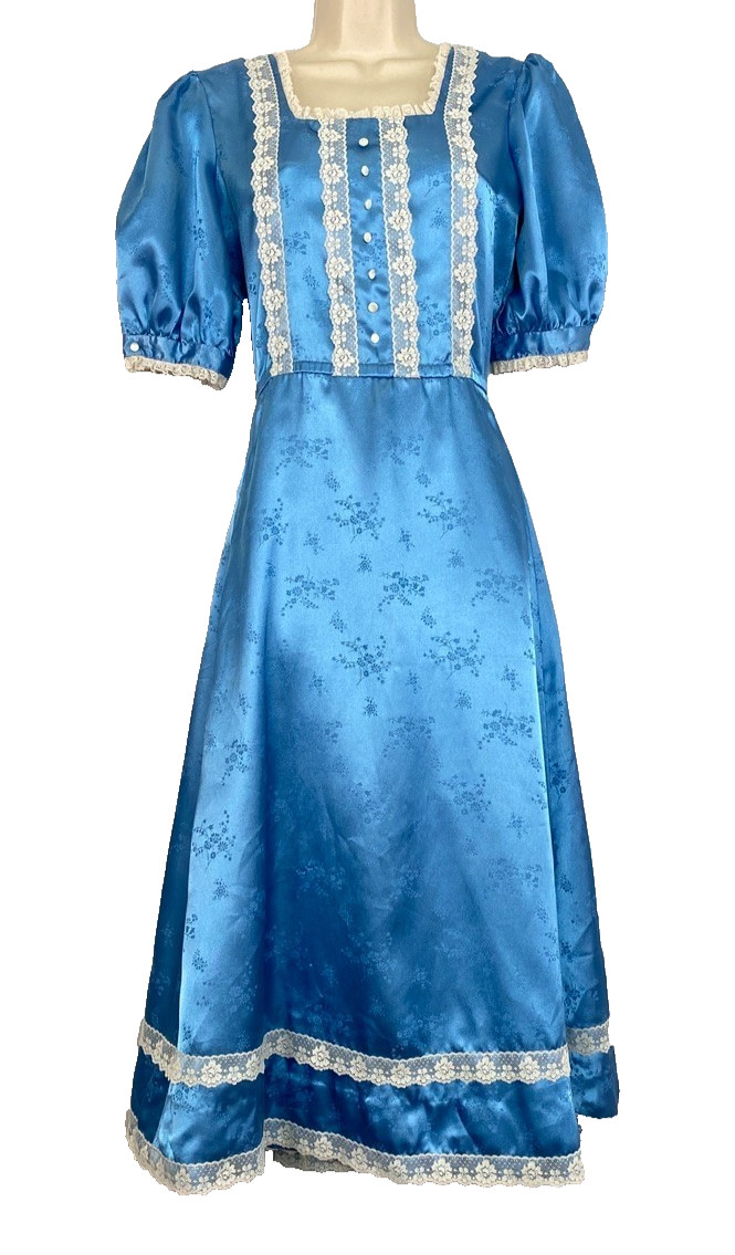 Vintage 1980s blue satin midi dress S M short puffed sleeves white lace floral