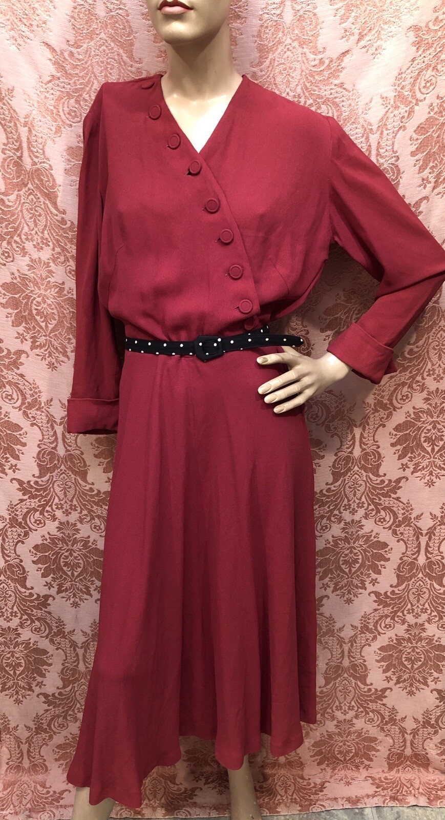 VTG 1940s Pomegranate RED Rayon Crepe Bias-Cut SWING DRESS w/ASYMMETRIC Buttons