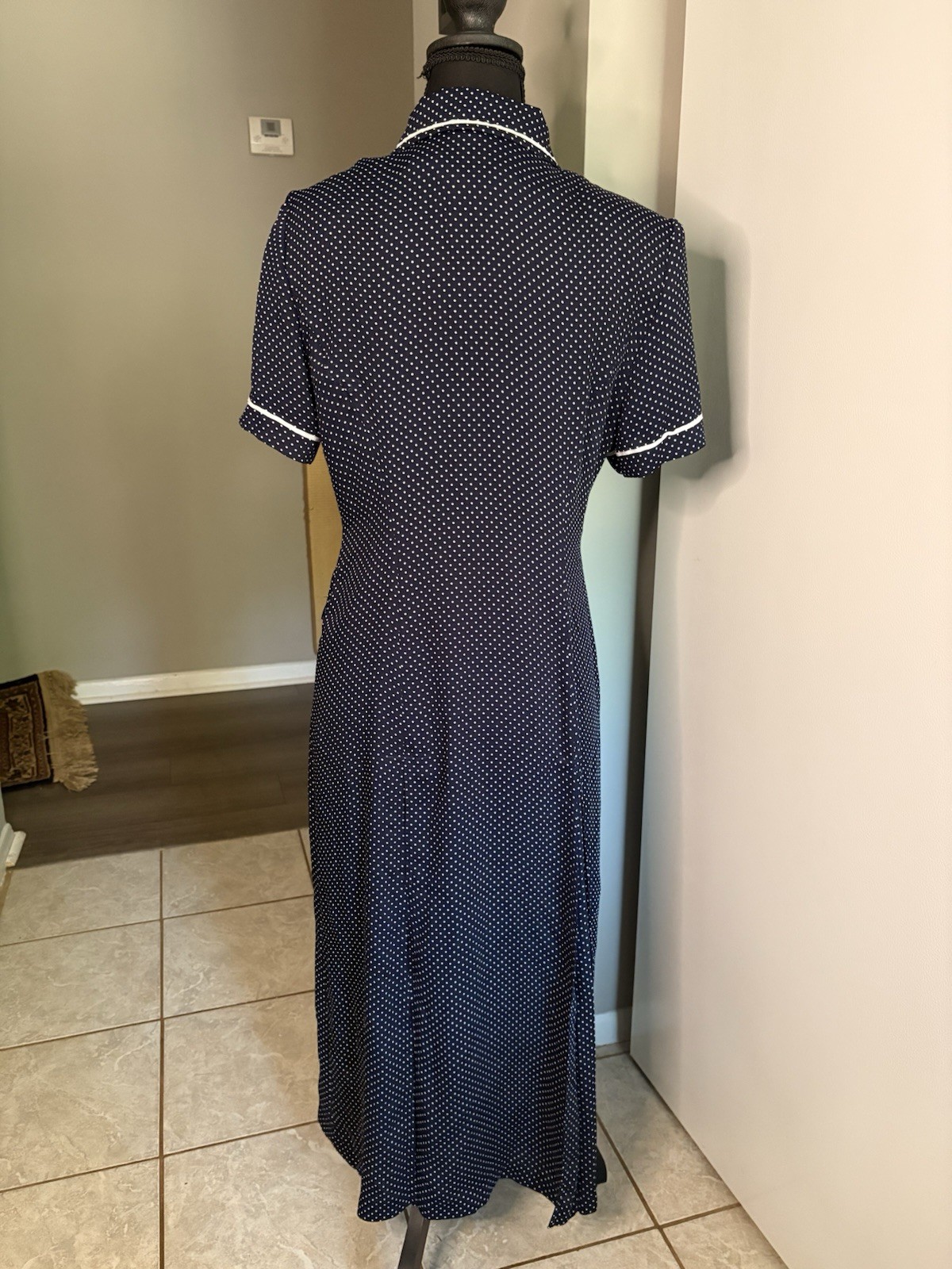 Vintage Navy Polka Dot Front Button Dress W Mother of Pearl Buttons