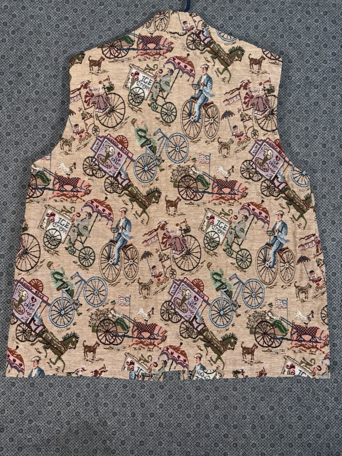 VTG Tapestry Full Zip Vest Victorian Novelty Italian Bicycle Ice Cream Size XL