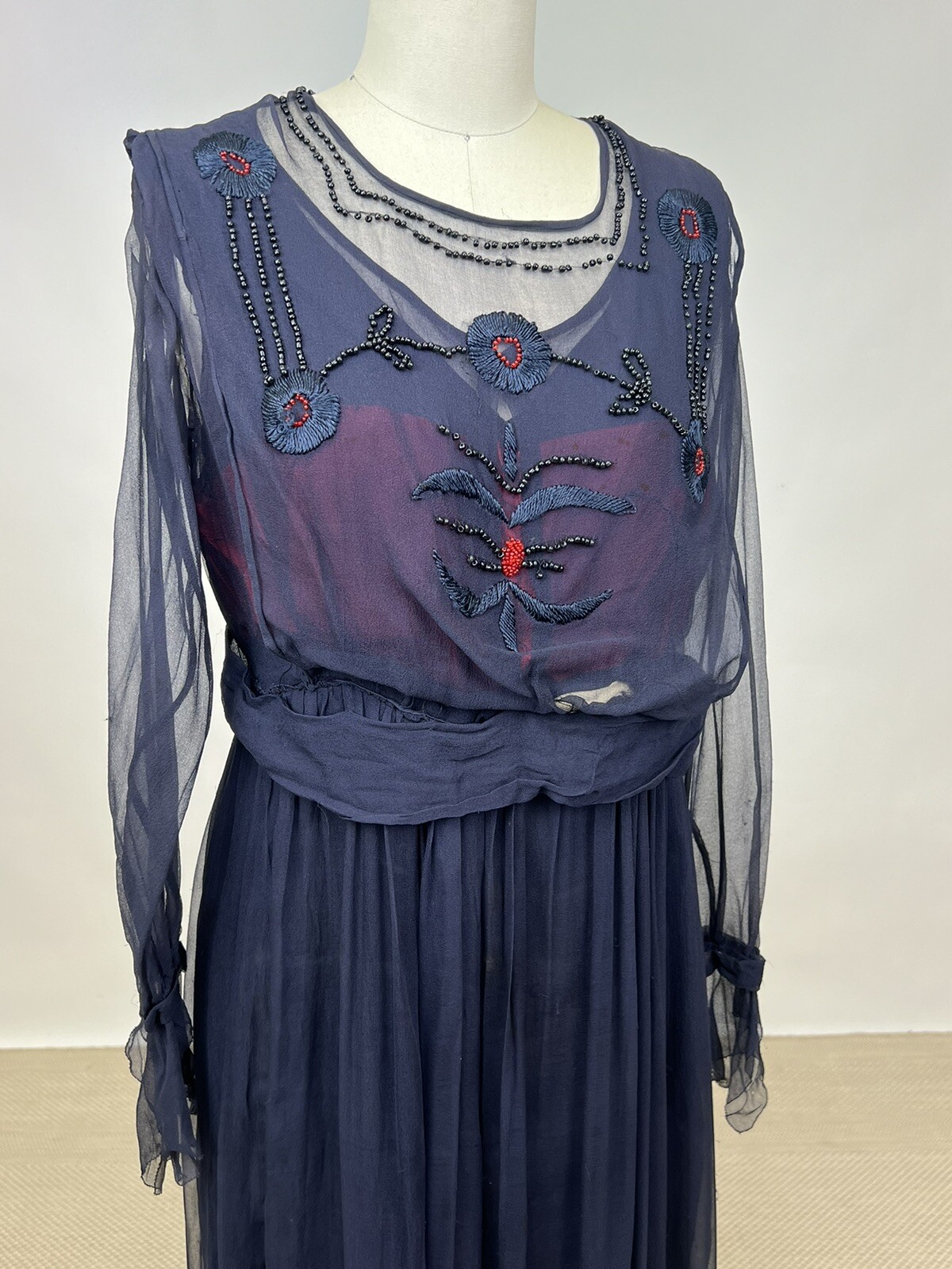 Antique 1910s 1920s Navy Blue Silk Chiffon Dress Floral Embroidery Beading AS IS