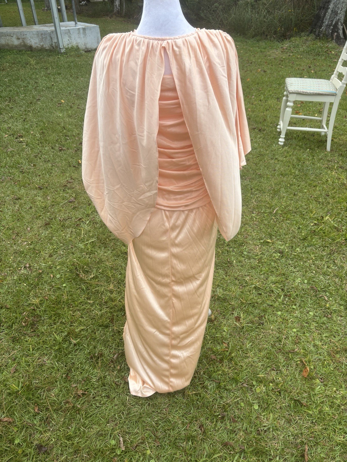 Vintage Peachy Ruched Gown and Jacket with Open Back Split Side 70s Size 12