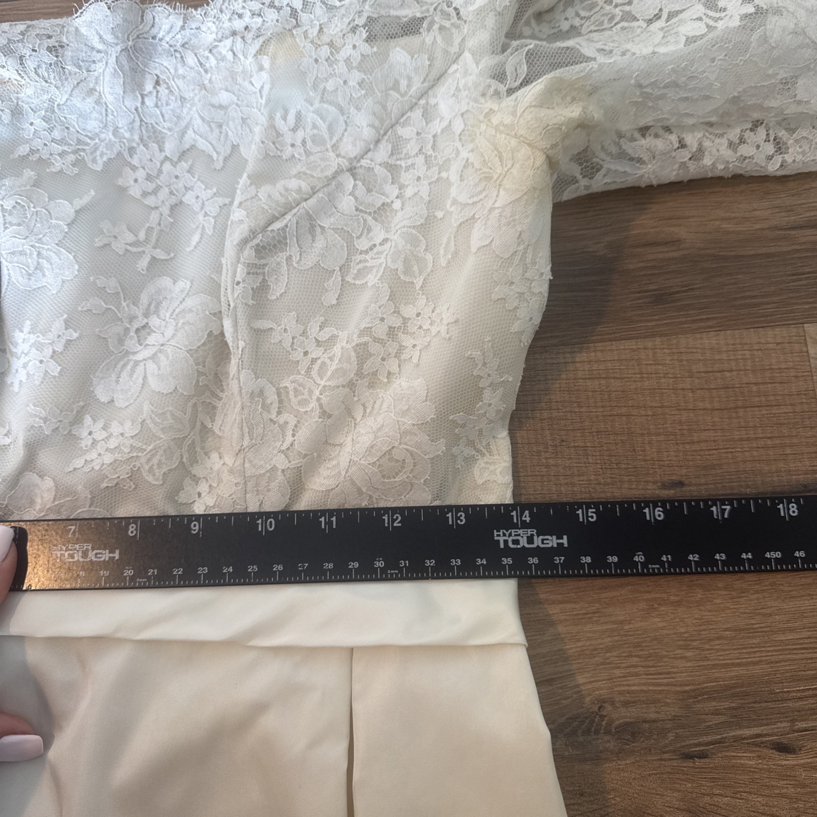VTG 50s Wedding Dress Cream Lace Bodice Short Sleeve 28” Waist Bow Button Back