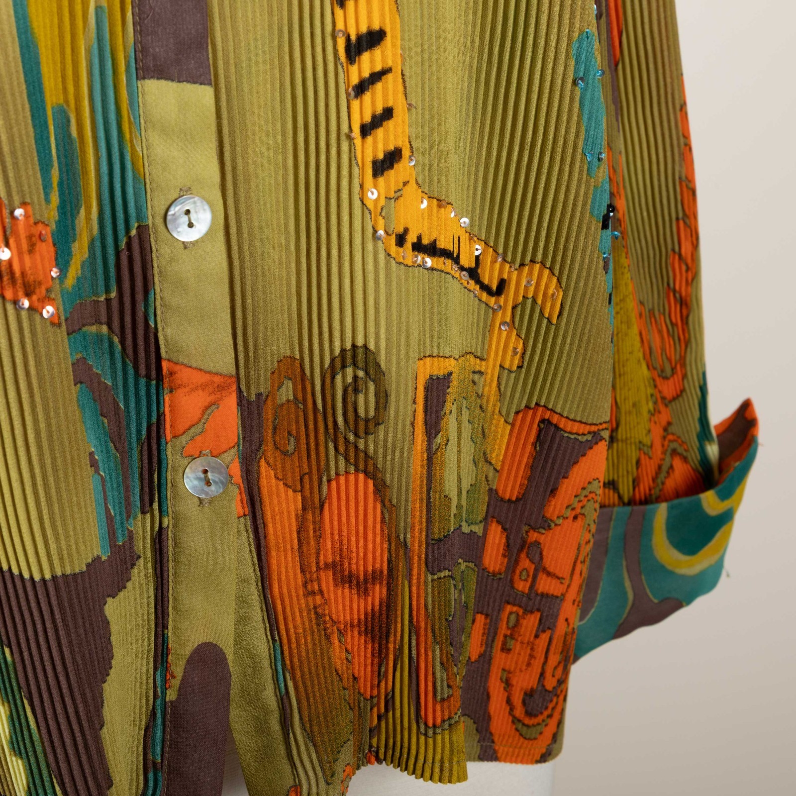 Vintage 90s Alberto Makali Pleated Sequin Shirt Size L Abstract Print