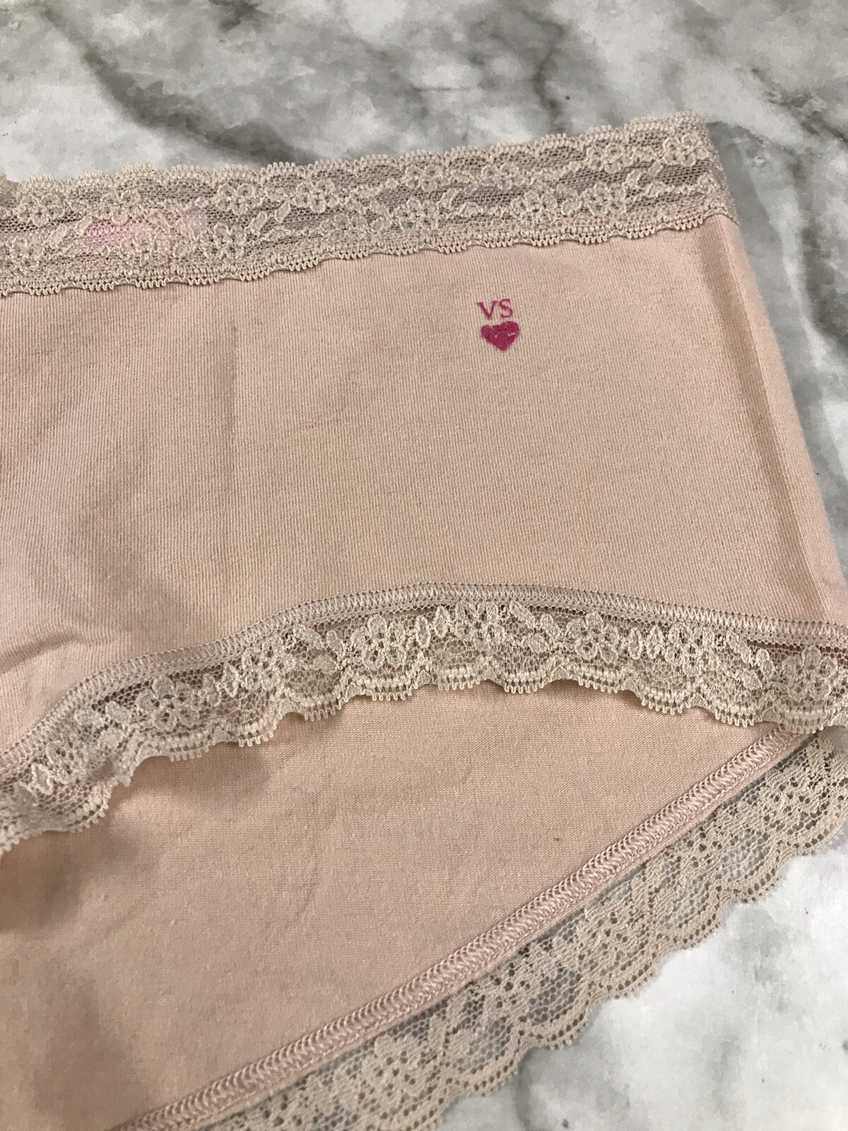 WOMEN’S Vintage Heart Logo Victoria’s Secret Cotton Boy Short Trim Lace Sz Lg