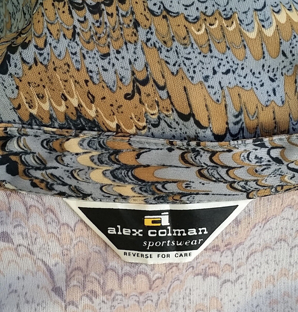 Vintage 1970s Marbleized Print Tunic LS Blouse Mandarin Band Collar Alex Colman