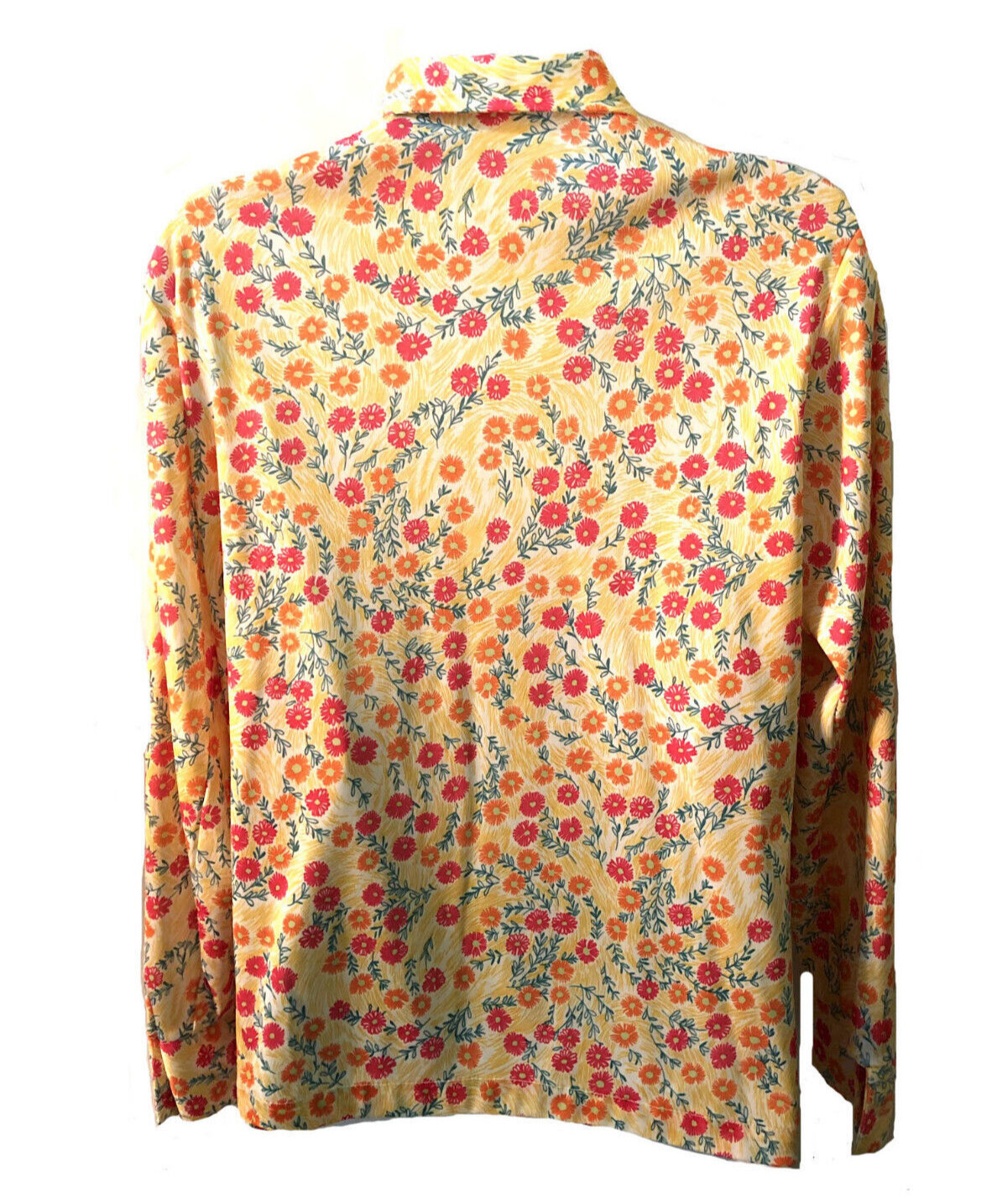 Sears Vintage 1970s Nylon Poly Mod Yellow Floral Long Sleeve Collar Blouse 14