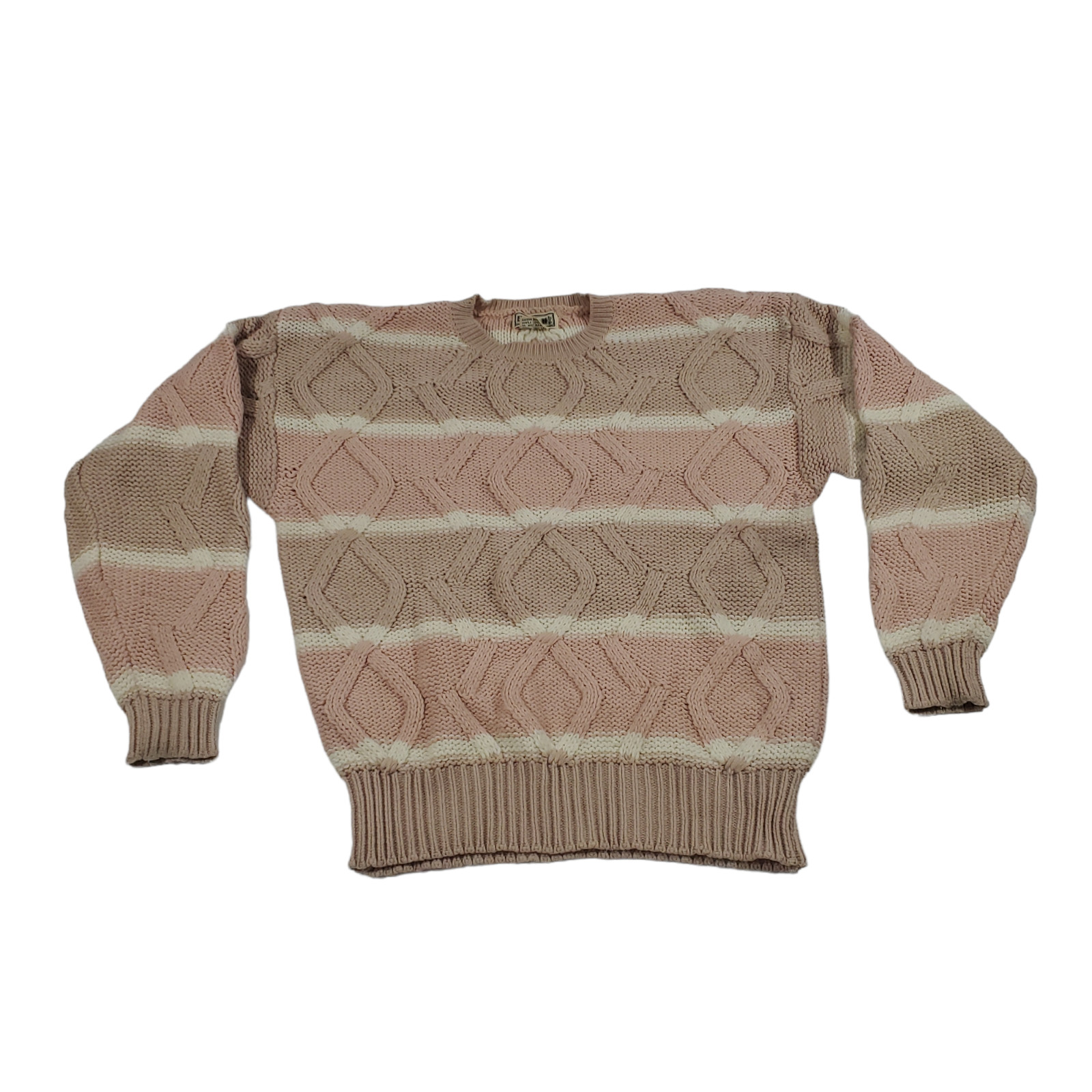 VTG 90s Evian Trellis Chunky Knit Sweater Womens M Tan Pink Zigzag Stripes