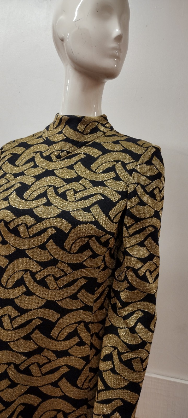 Vintage 60s Mod Mini Dress Gold Metallic Virgin Wool KIMBERLY M MOCK LONG SLEEVE
