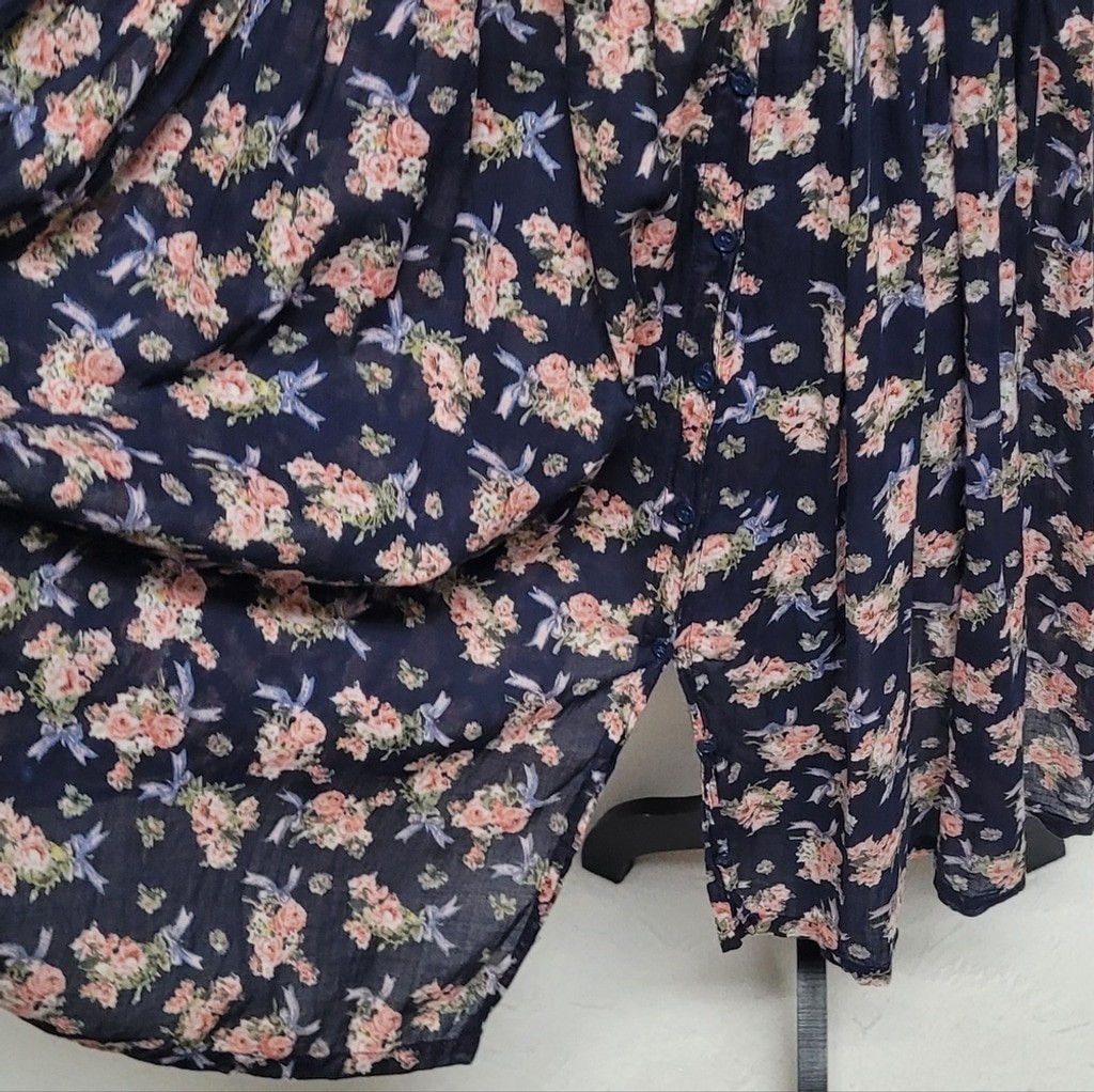 1970s Vintage Sita Blue Pink Floral Scoop Neck Tie-Waist Fit & Flare Midi Dress