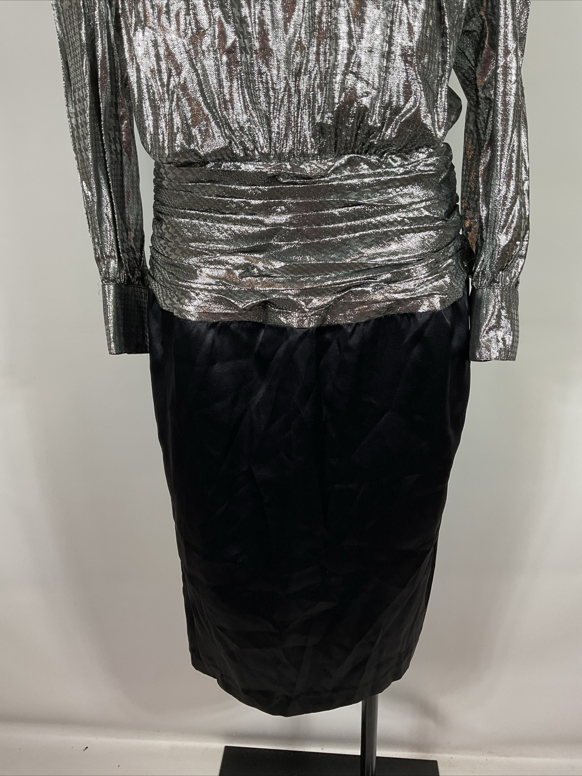 Vintage 80s Prom Dress Gown Puffy Sleeve Shiny Lame Satin Cocktail Evening 12