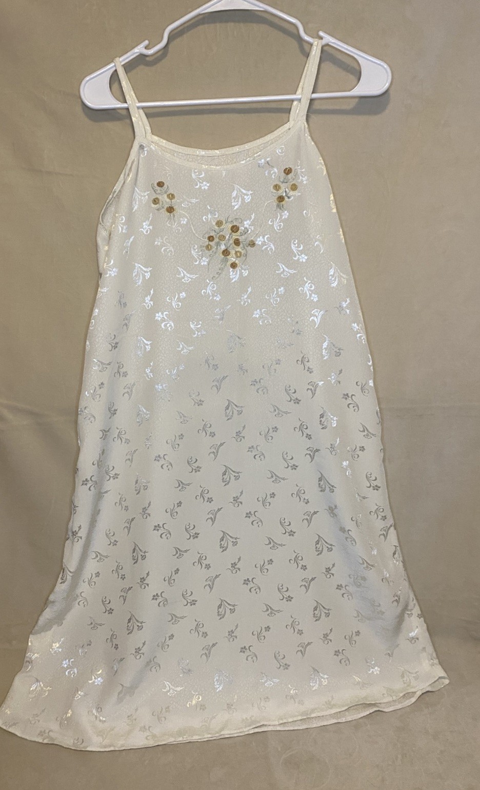 VTG White Slip Dress/ Night gown With a silver and gold floral pattern Medium