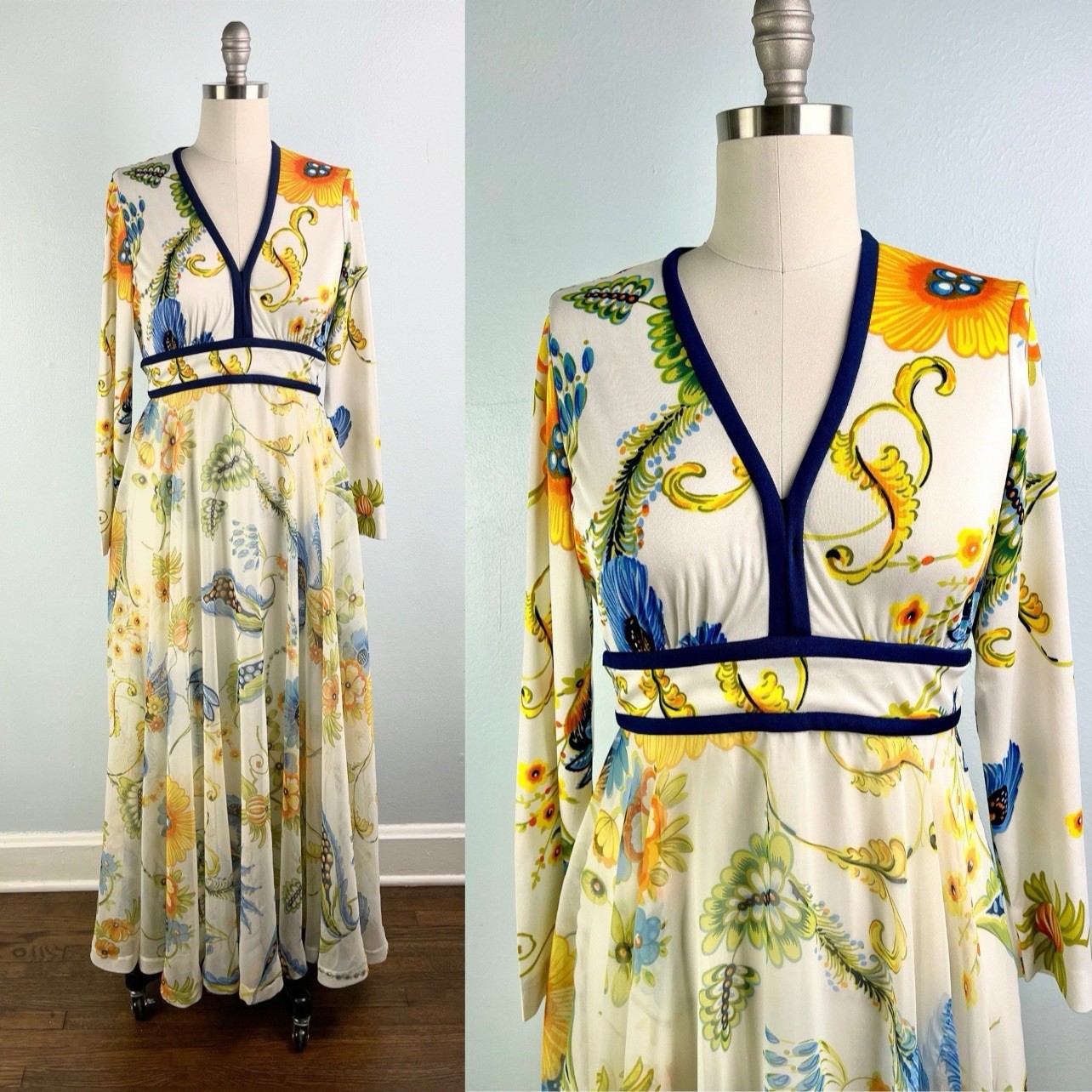 Striking Late 60s 1960s Early 70s 1970s Floral Maxi Dress Hostess Gown S Small M