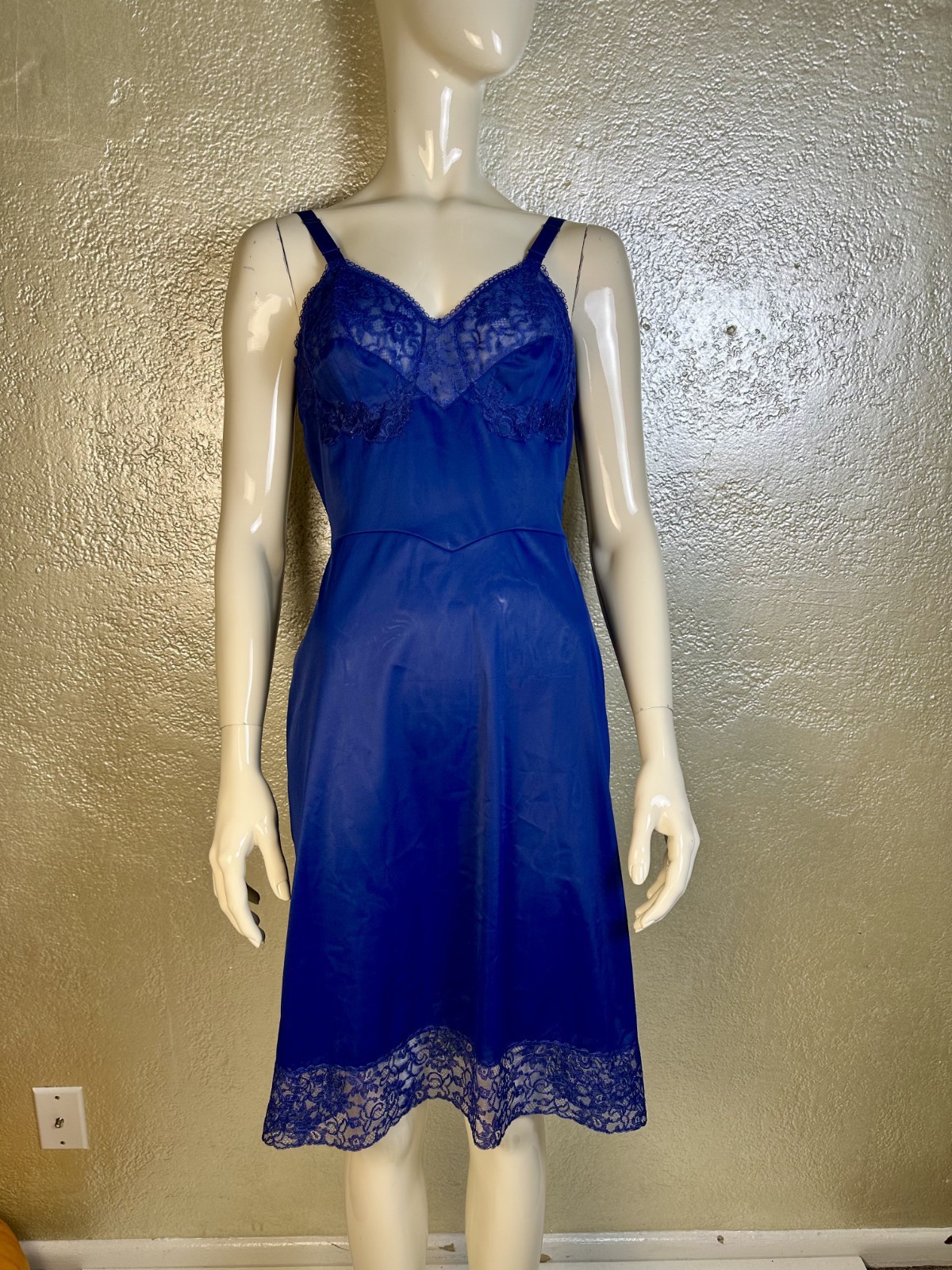 Vintage 1950’s LAROS Bright Blue Dress Slip Nylon Nightgown Sheer Lace S/M