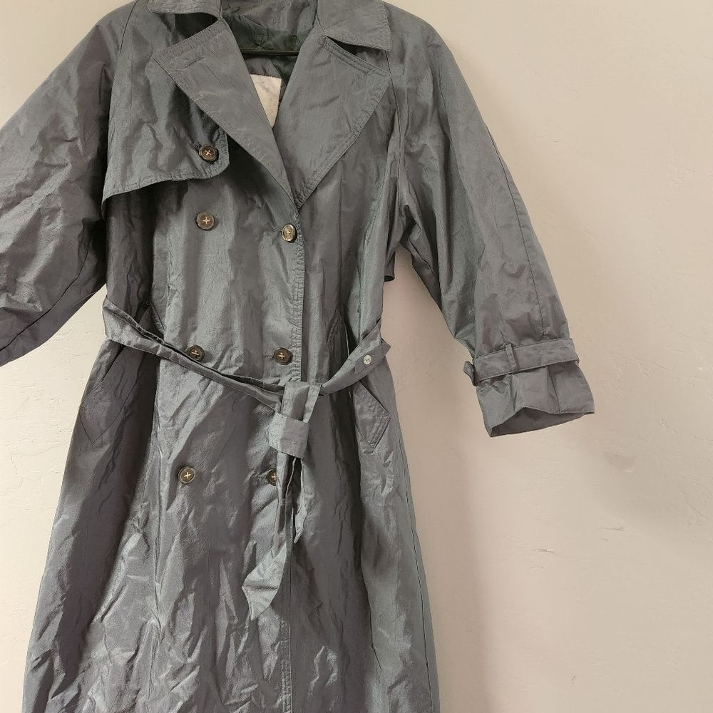 Vintage Fleet Street Green Rain Trench Jacket Size 4 Lined Double Breasted Flap
