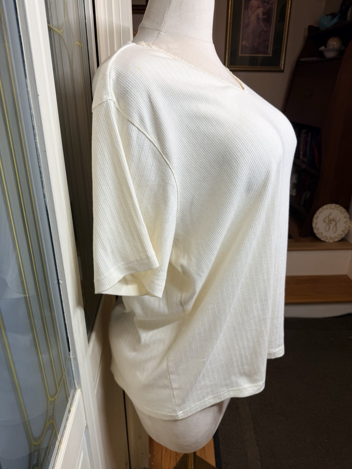 Vintage Classic Elements Woman Ivory Rib Knit Top Crochet Trim Plus Size 20W 22W