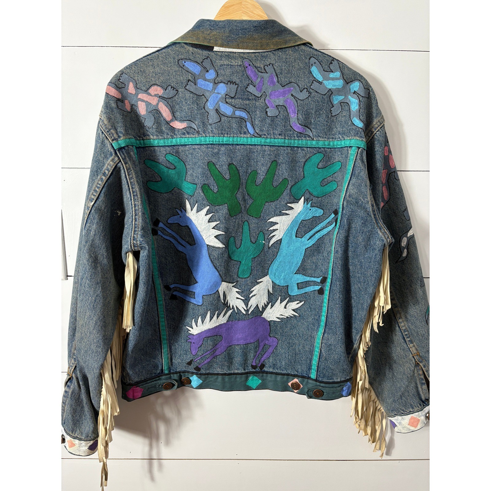 Vintage Gap Denim Jacket Western Southwest Painted Cow Skull Fringe Unique Small