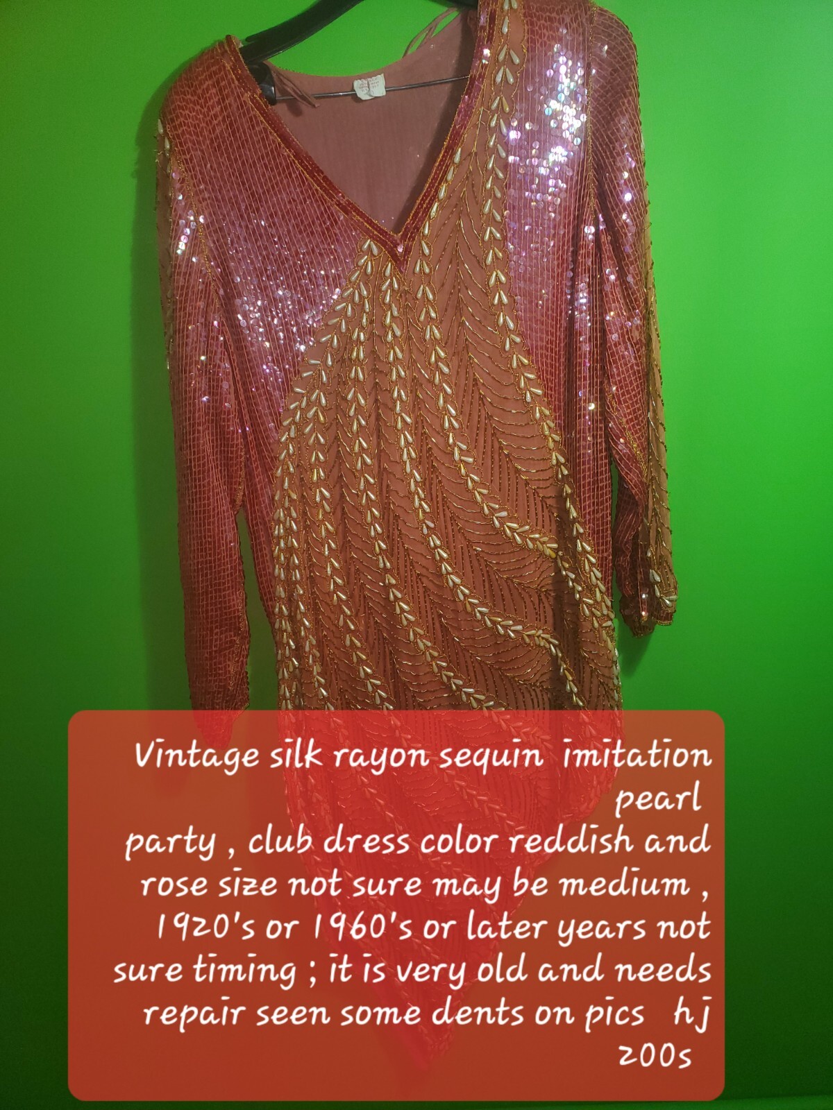 Vintage silk rayon sequin imitation pearl party , club dress color reddish and