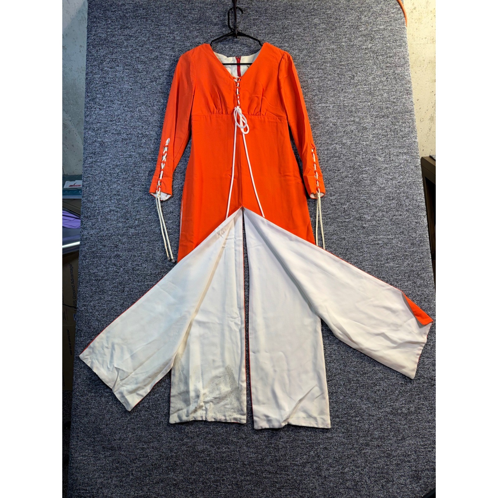 Vintage 60s 70s Orange Lace Up Maxi Dress Hostess Gown Rhinestone Aglets Mod S