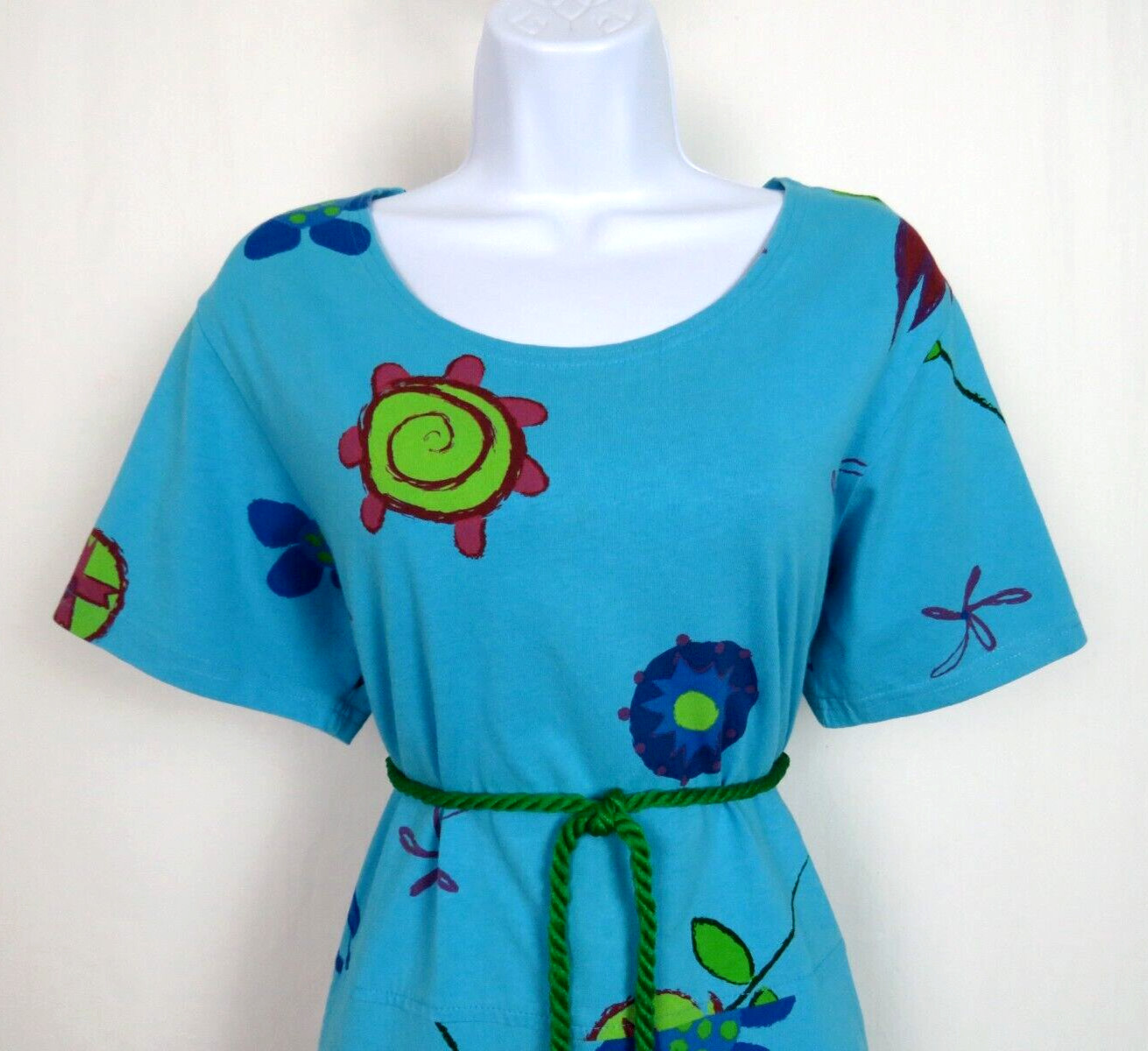 VTG 1980s 90s RED GINGER MEDIUM COTTON DRESS MOD FLOWERS ROPE BELT AQUA BLUE
